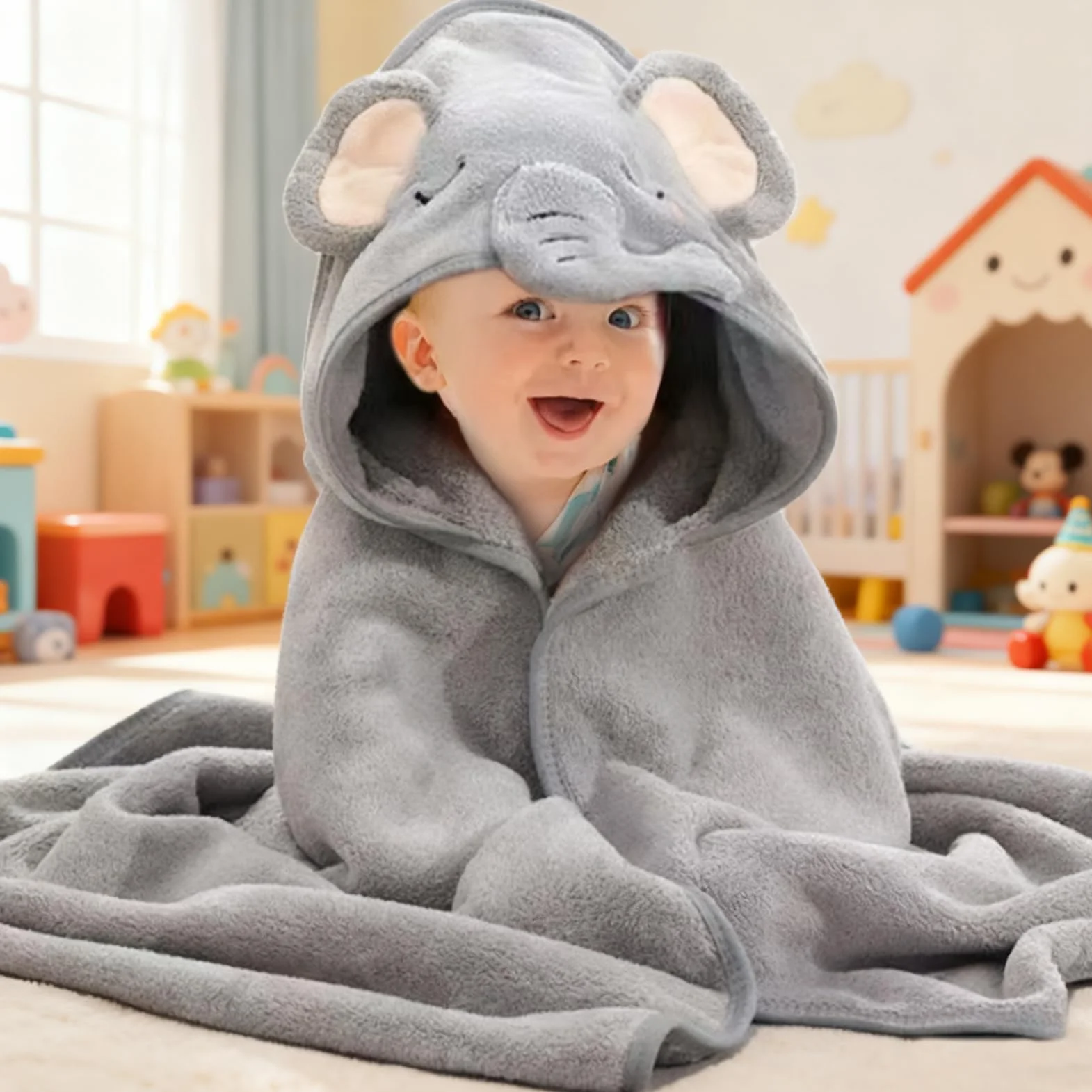 Serviette de Bain Bébé avec Capuche 80 x 80 cm Design Éléphant Gris