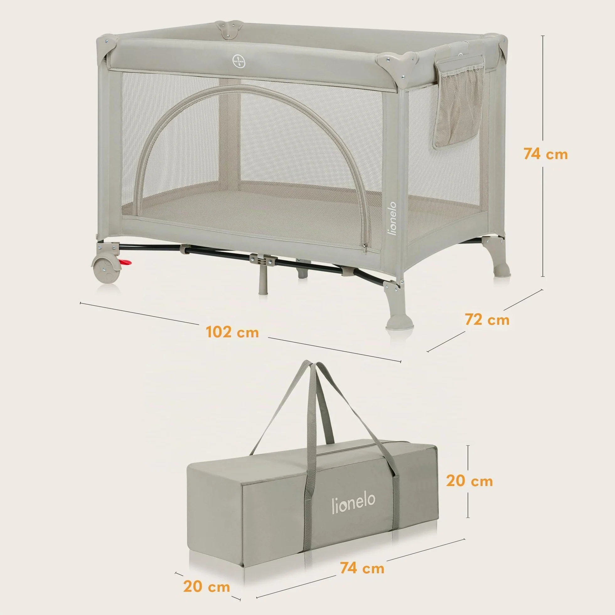 LIONELO LAURA 2en1 Lit de Voyage 15 kg Parc bébé 0-36 mois Matelas Mousse T25 2 Niveaux Hauteur Sac de Voyage Roues Frein Beige