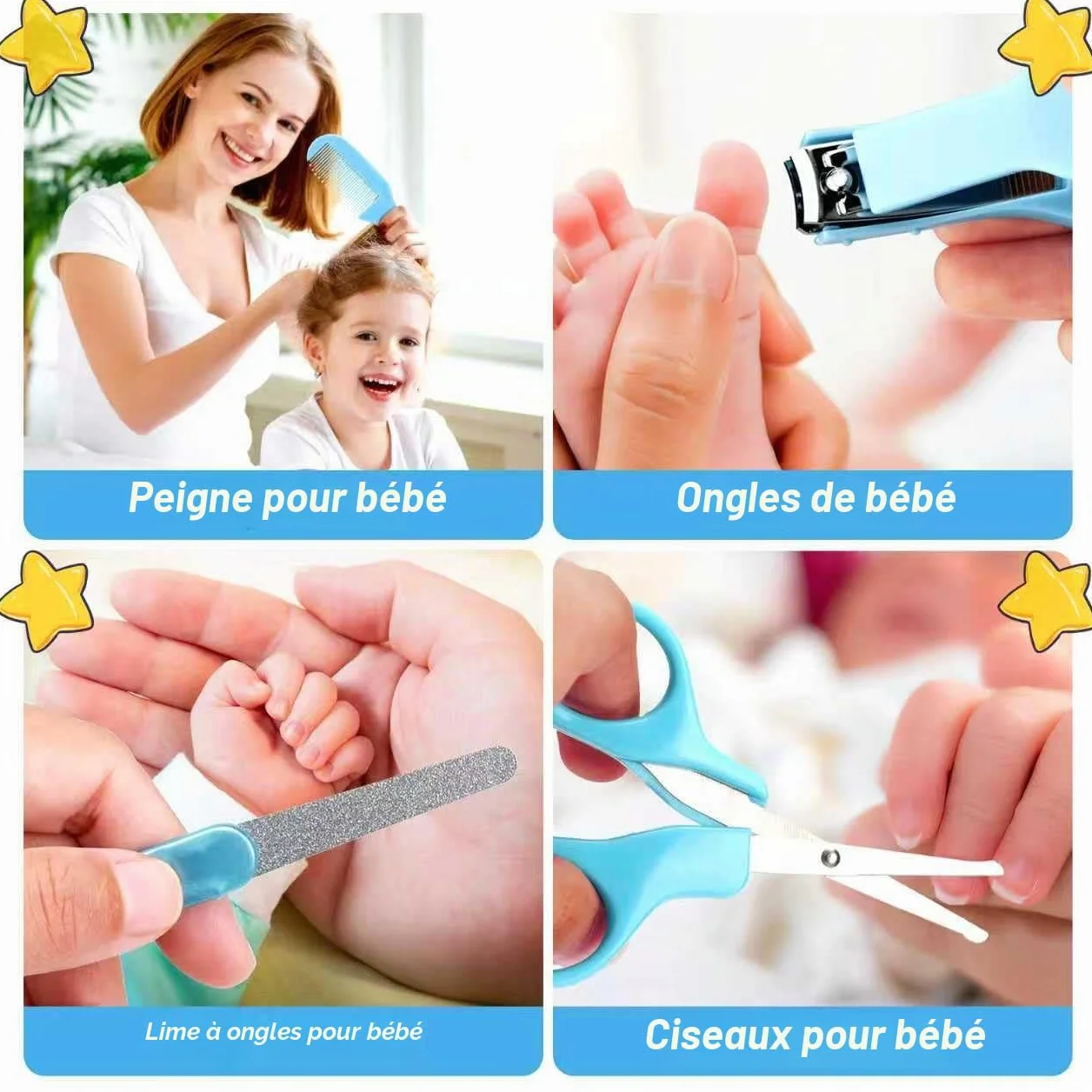 Ensemble de soins de sécurité pour bébé avec brosse à cheveux, peigne et coupe-ongles, kit essentiel nouveau-né (bleu)