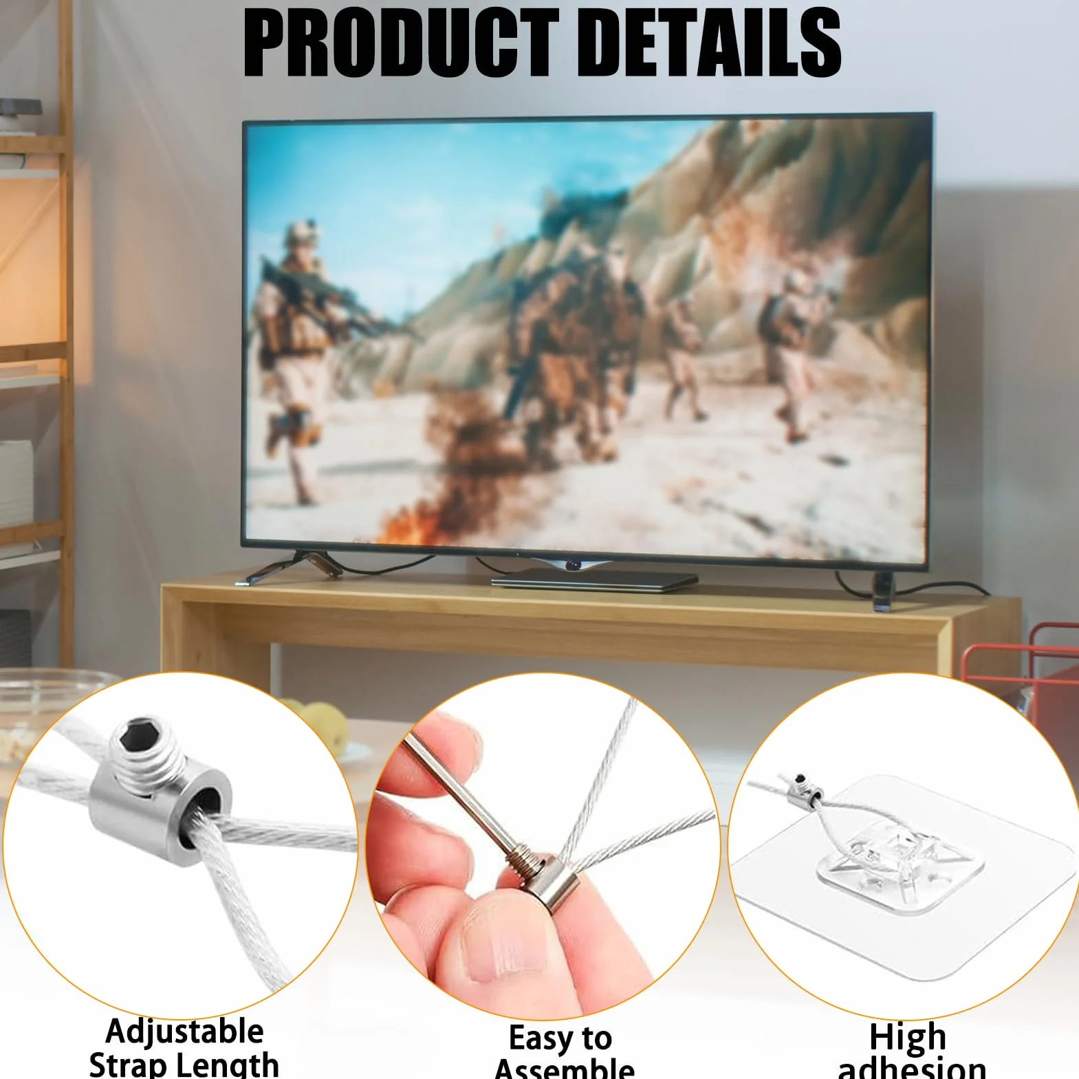 Sangles de Protection Anti-Basculement pour TV Meubles, Fixation sans Percage, Sécurité Réglable Mur/Télévision