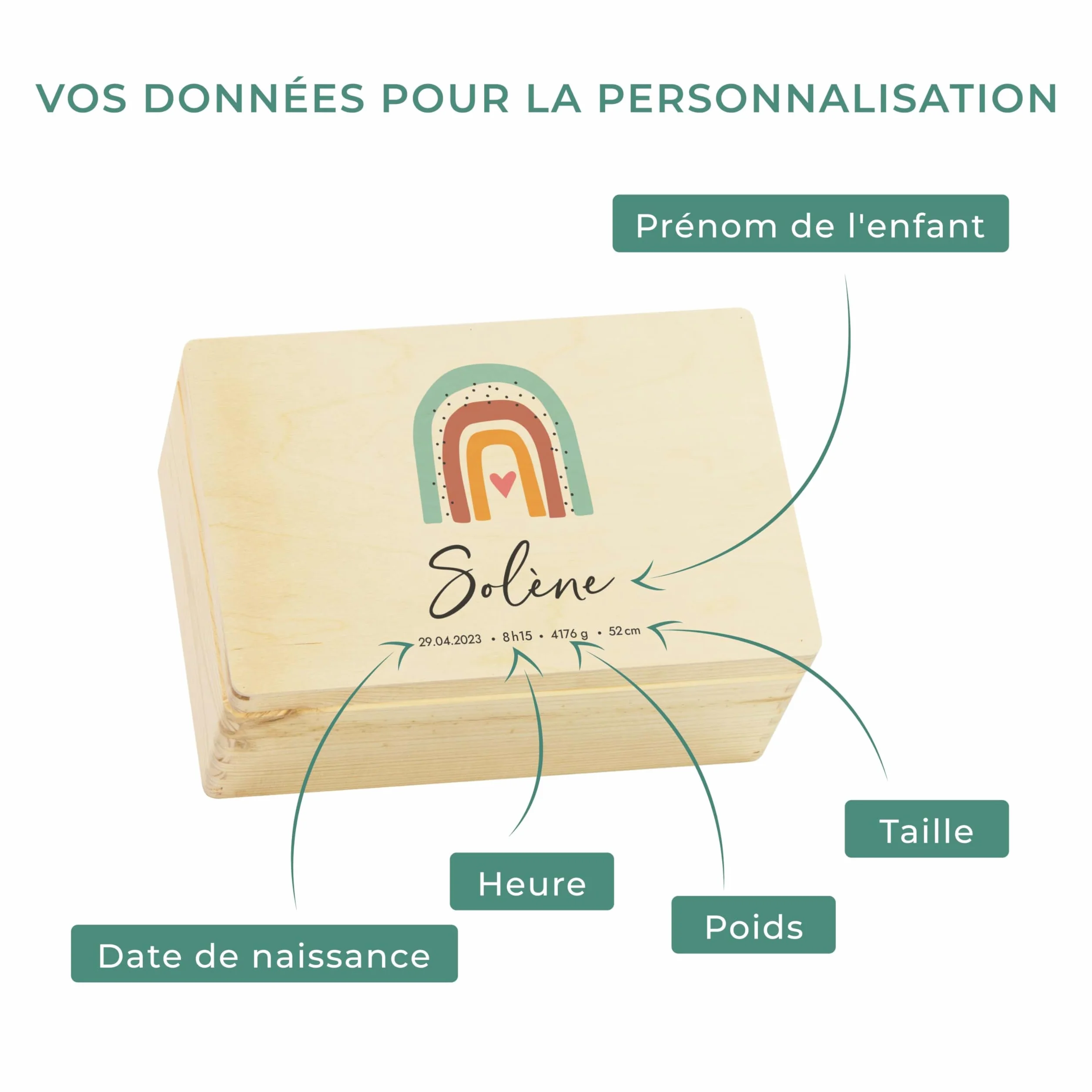 LAUBLUST Boîte à souvenirs bébé personnalisée - Cadeau de naissance avec prénom - Arc-en-Ciel, tailles S, M, L - Boîte en bois naturel ou blanc FSC