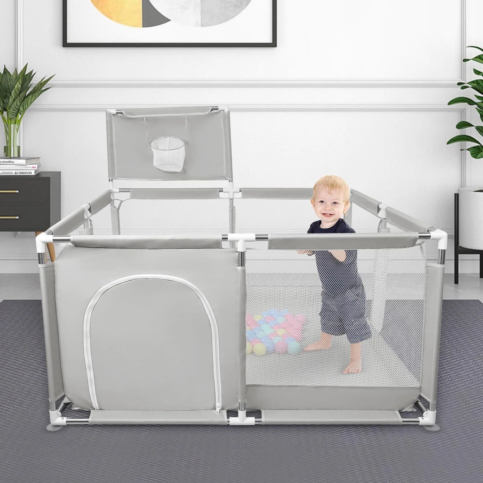 Parc Bébé en Tissu Oxford avec Tapis et Barrières 126x126x66 cm Gris Clair