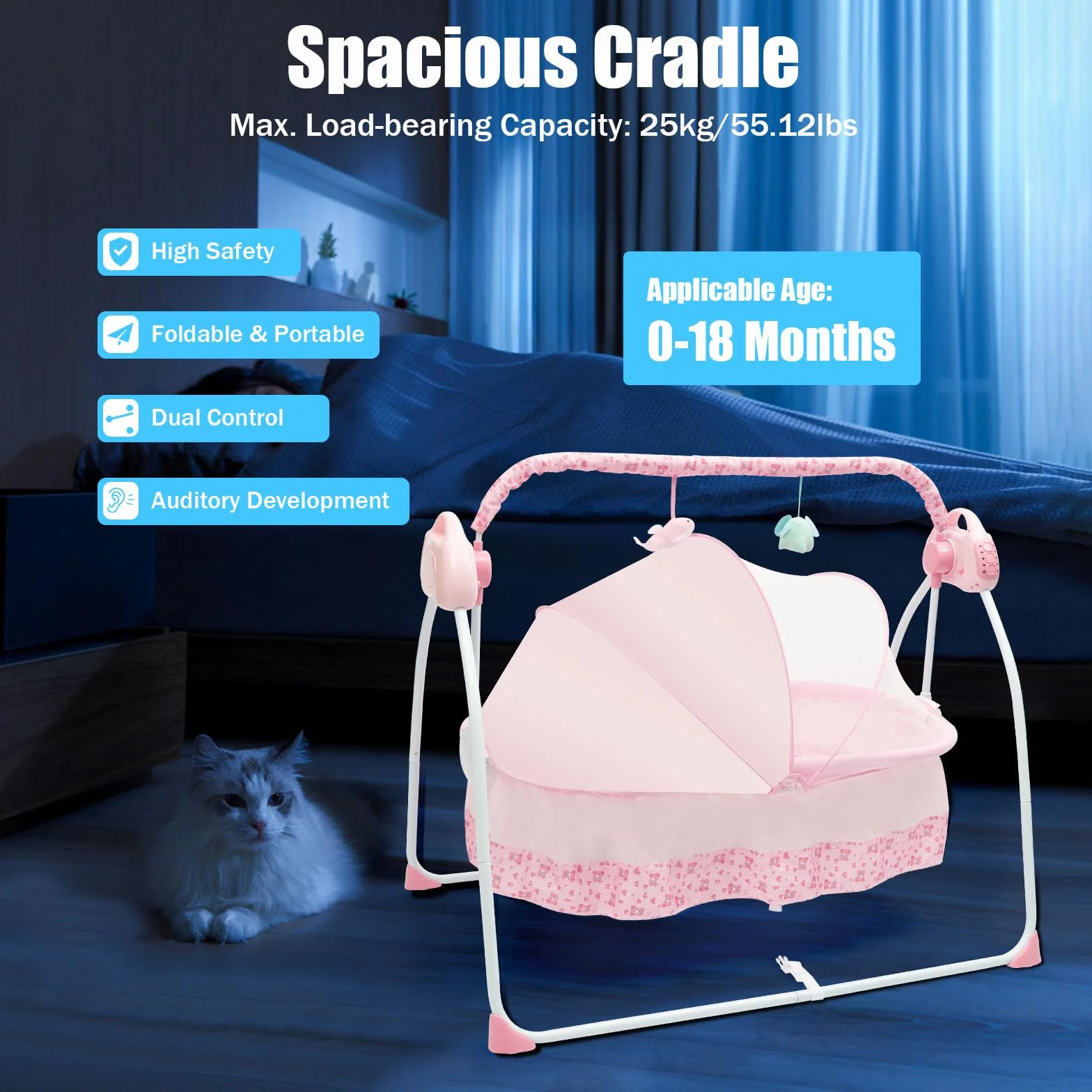 Transat Électrique Pliable avec Musique Intégrée, Télécommande, Matelas Épais, Oreiller Ergonomique