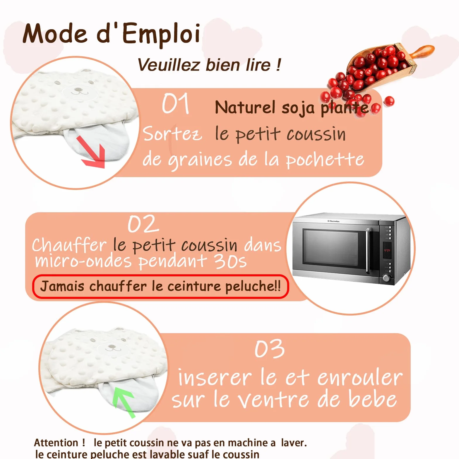 Bouillotte Bebe Anti Colique Ceinture Peluche Coussin Chauffant Micro Onde Rembourrage Naturel CE