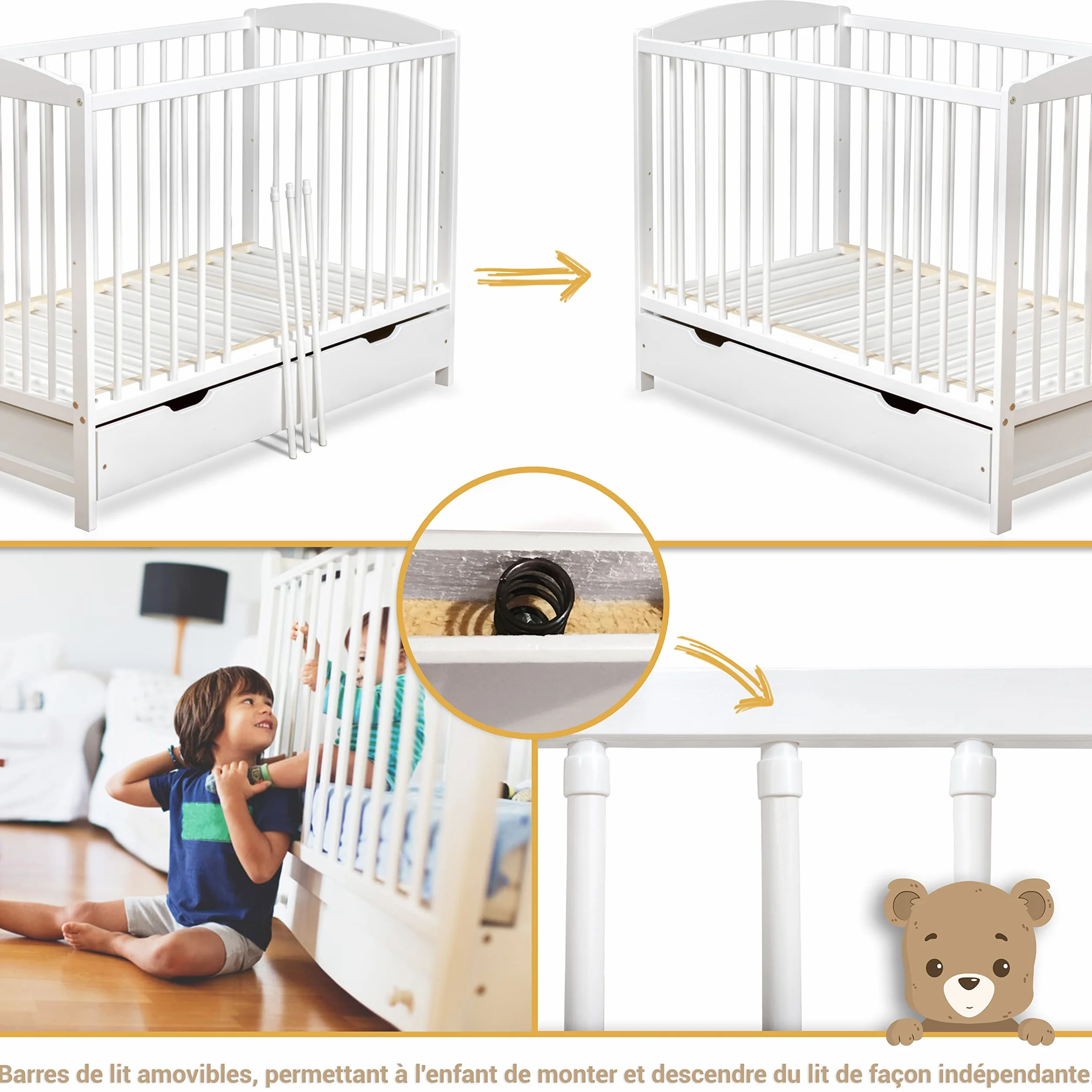 Lit Bébé 60x120 cm avec Tiroir – Lit en Bois Réglable en Hauteur, Transformable en Lit Enfant Blanc