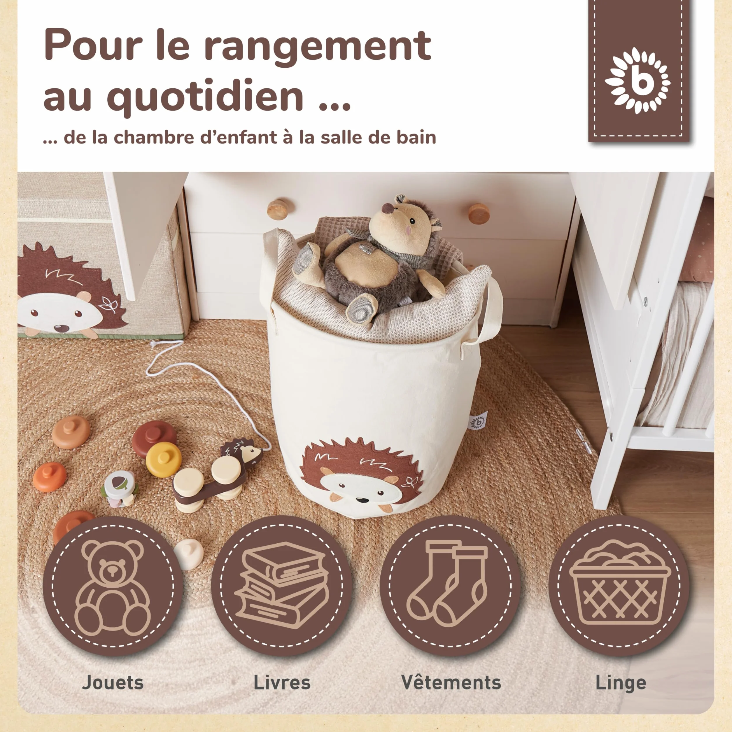 Bieco Panier à linge bébé hérisson grand rangement coton imperméable pour enfants