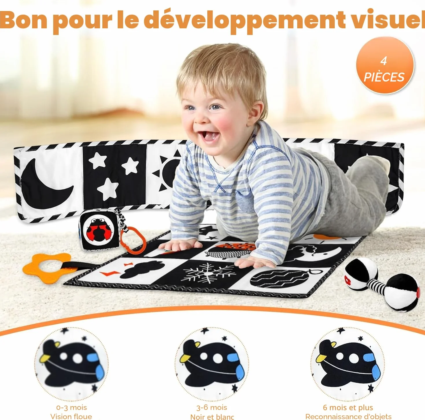 Collazoey Livres D'éveil Sensoriel Bébé Noir et Blanc Montessori 0-12 Mois Double Face en Tissu