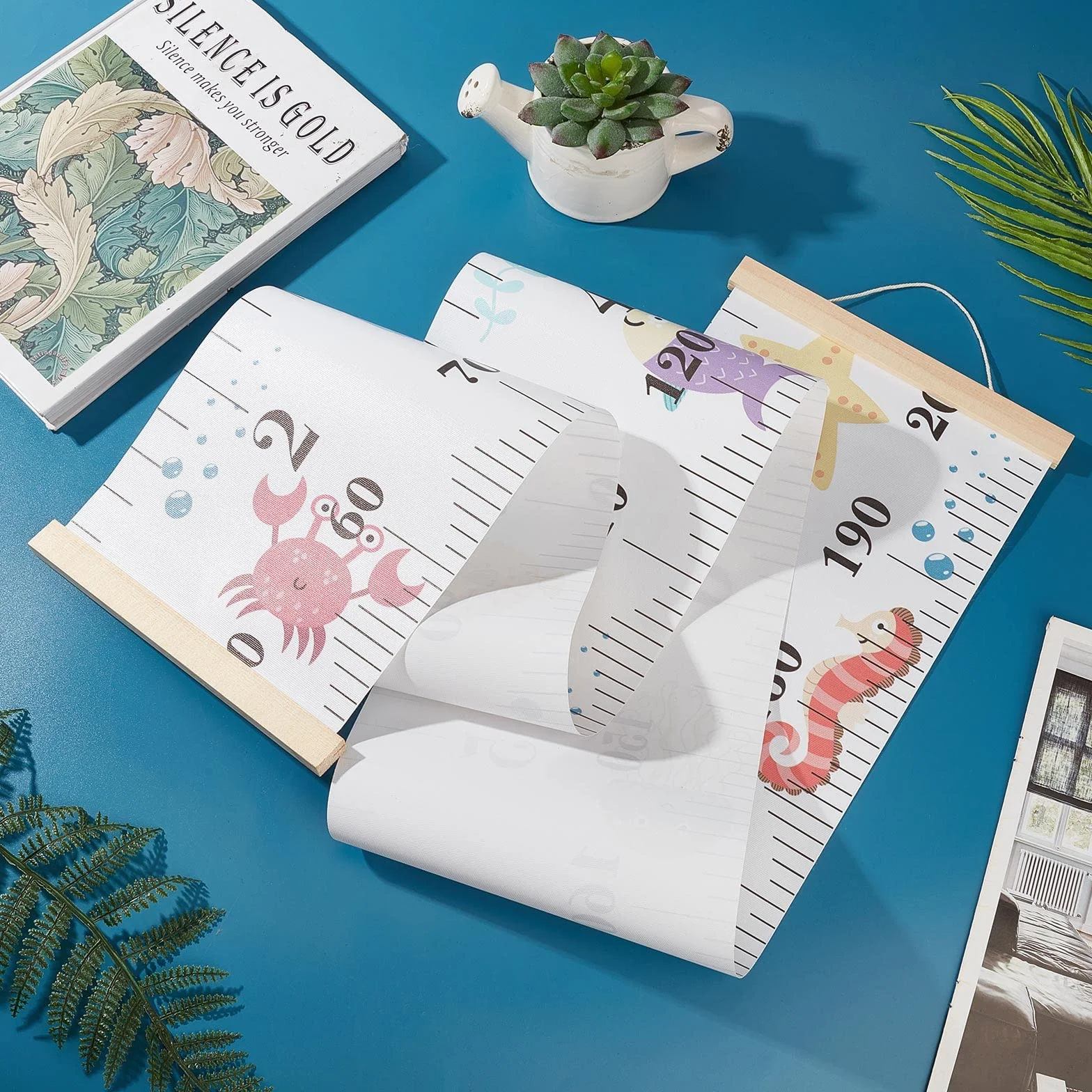 CREATCABIN Tableau Croissance Animaux Mer Tissu Toile Hauteur Mesure Règle Cadre Bois Suspendu Amovible Dessin Animé Règle Murale Décoration Chambre Enfant
