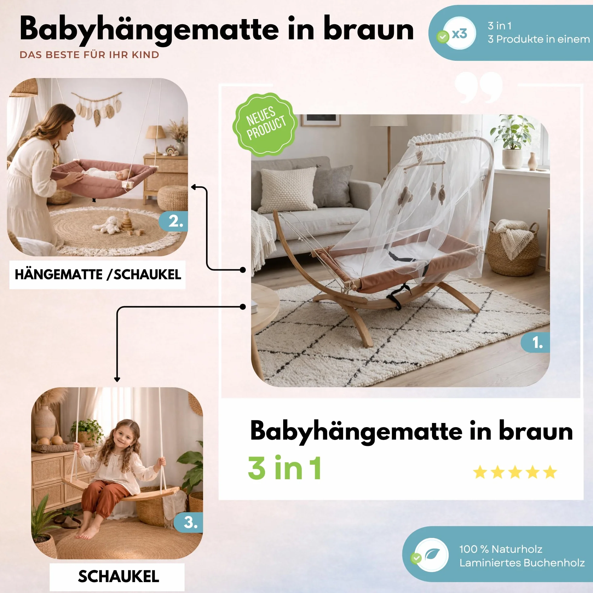 Hamac chaise longue suspendue ergonomique avec structure en bois, confortable, portable, design moderne pour intérieur et balcon