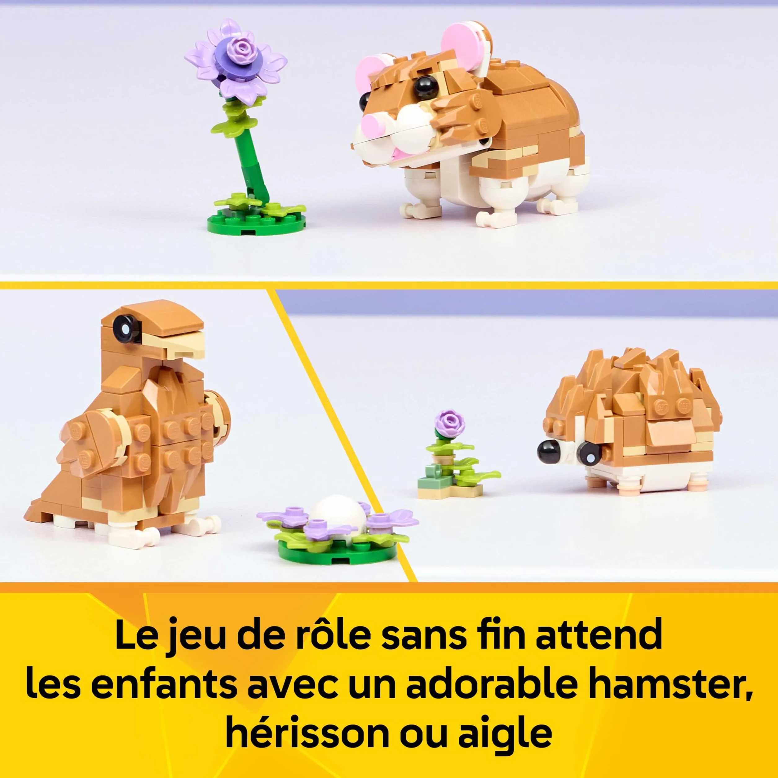 LEGO Creator 3-en-1 L’Adorable Hamster et la Fleur 31376 Figurine d'animal Transformable Aigle Hérisson