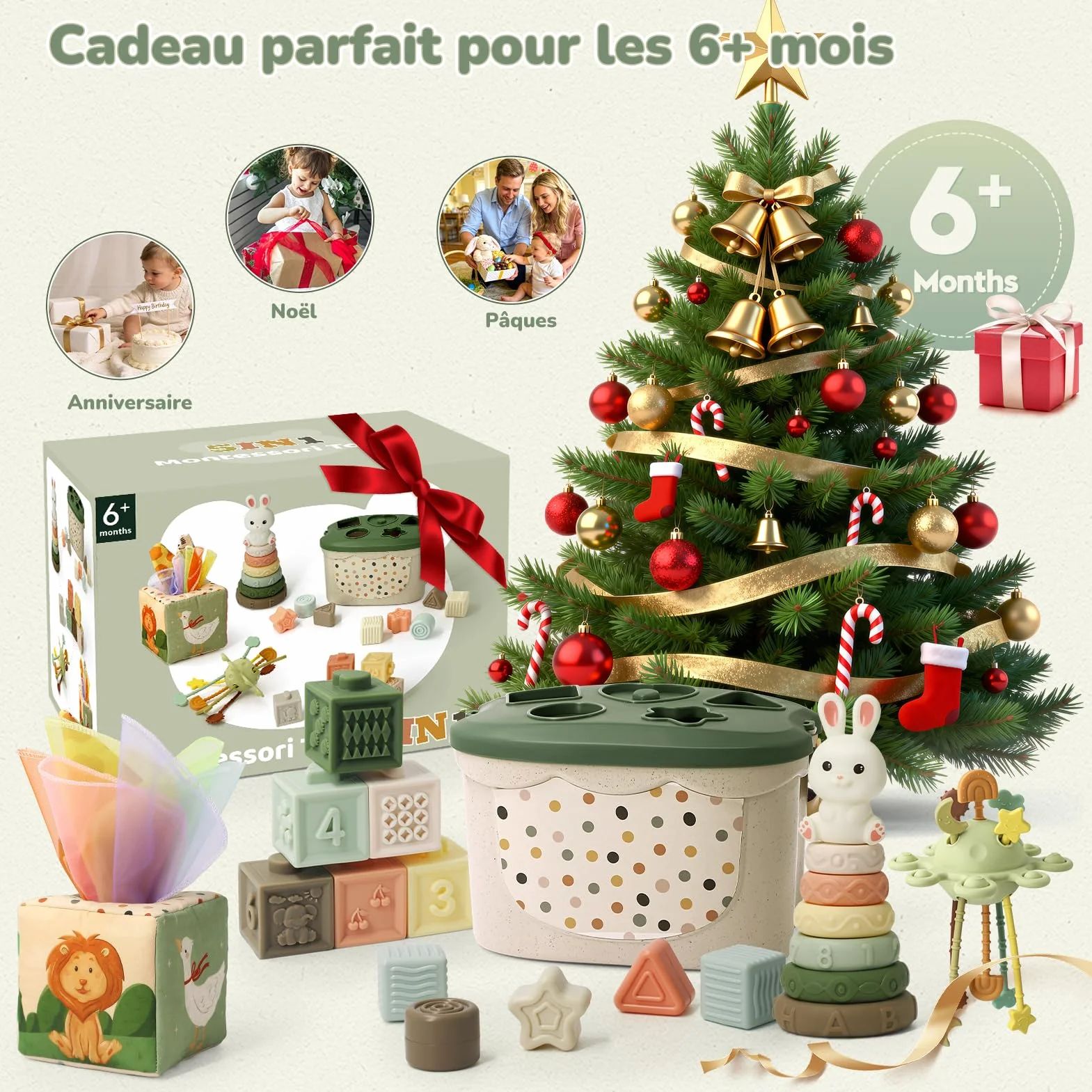 Jouet Bébé 6 Mois Montessori 5 en 1 – Jeux d’éveil 6-12 Mois avec Trieur de Formes, Boîte à Mouchoirs, Empilement | Jouet Sensoriel Cadeau pour Enfants 7 8 9 Mois