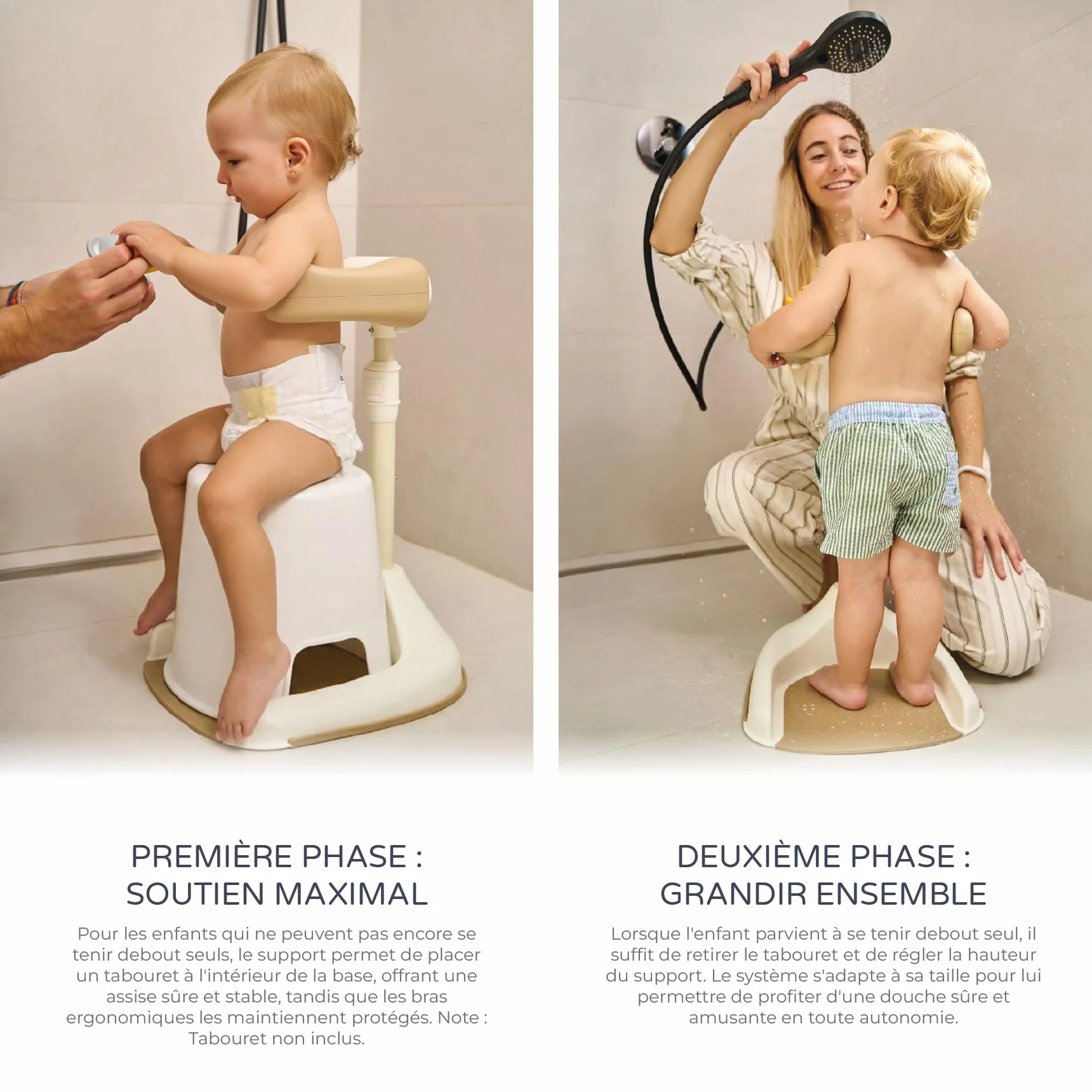 Ms BabyWorld Support de bain et douche pour bébé pliable avec base antidérapante, hauteur et largeur réglables, Beige