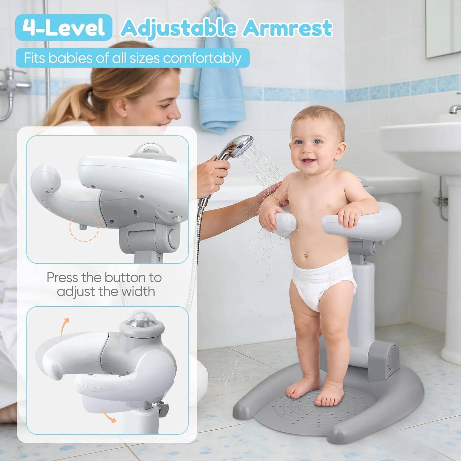 Support de douche réglable pour enfants 2 en 1 pliable avec tabouret