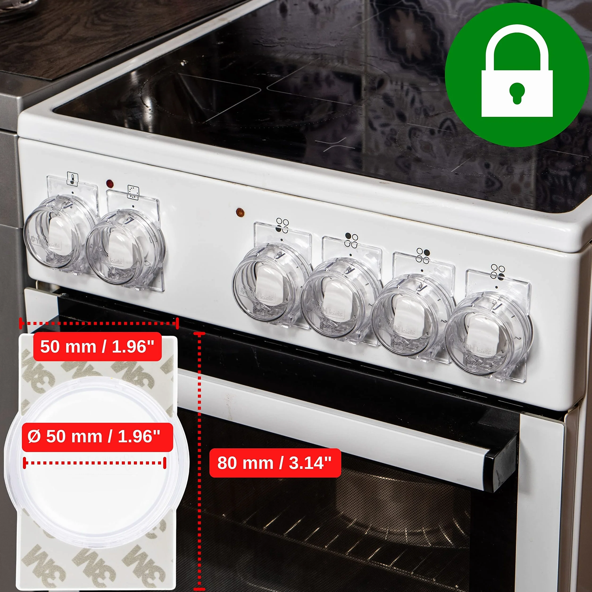 Cache-Boutons de Cuisinière et Verrou pour Four, Jeu de 7, Ø max. 4,9 cm, Distance centre 6,1 cm, Protection Enfants