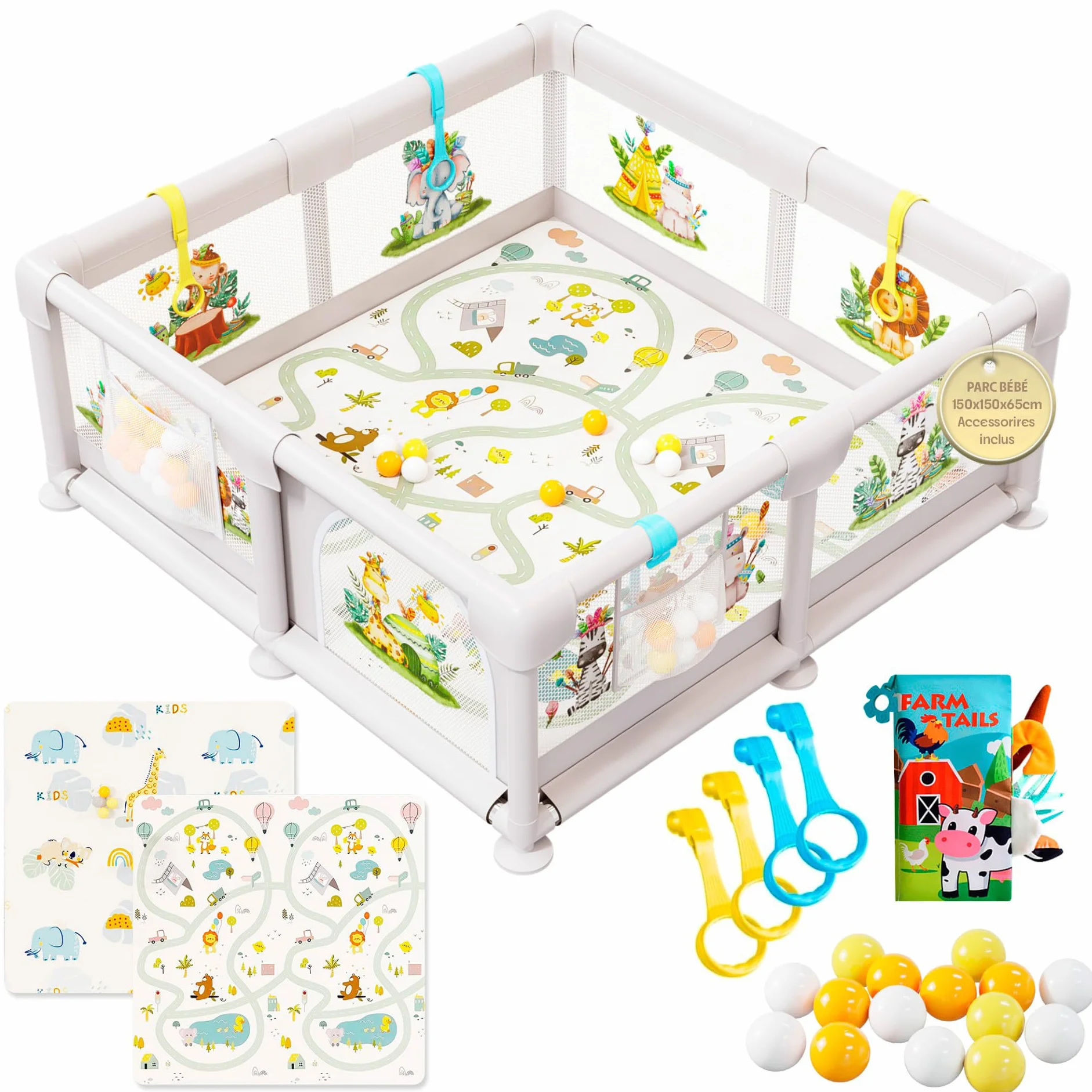 Parc Bébé 150x150cm avec Illustrations, Parc de Jeux Rembourré avec Tapis Réversible, Livre Sensoriel, Balles Colorées et Anneaux d’Appui