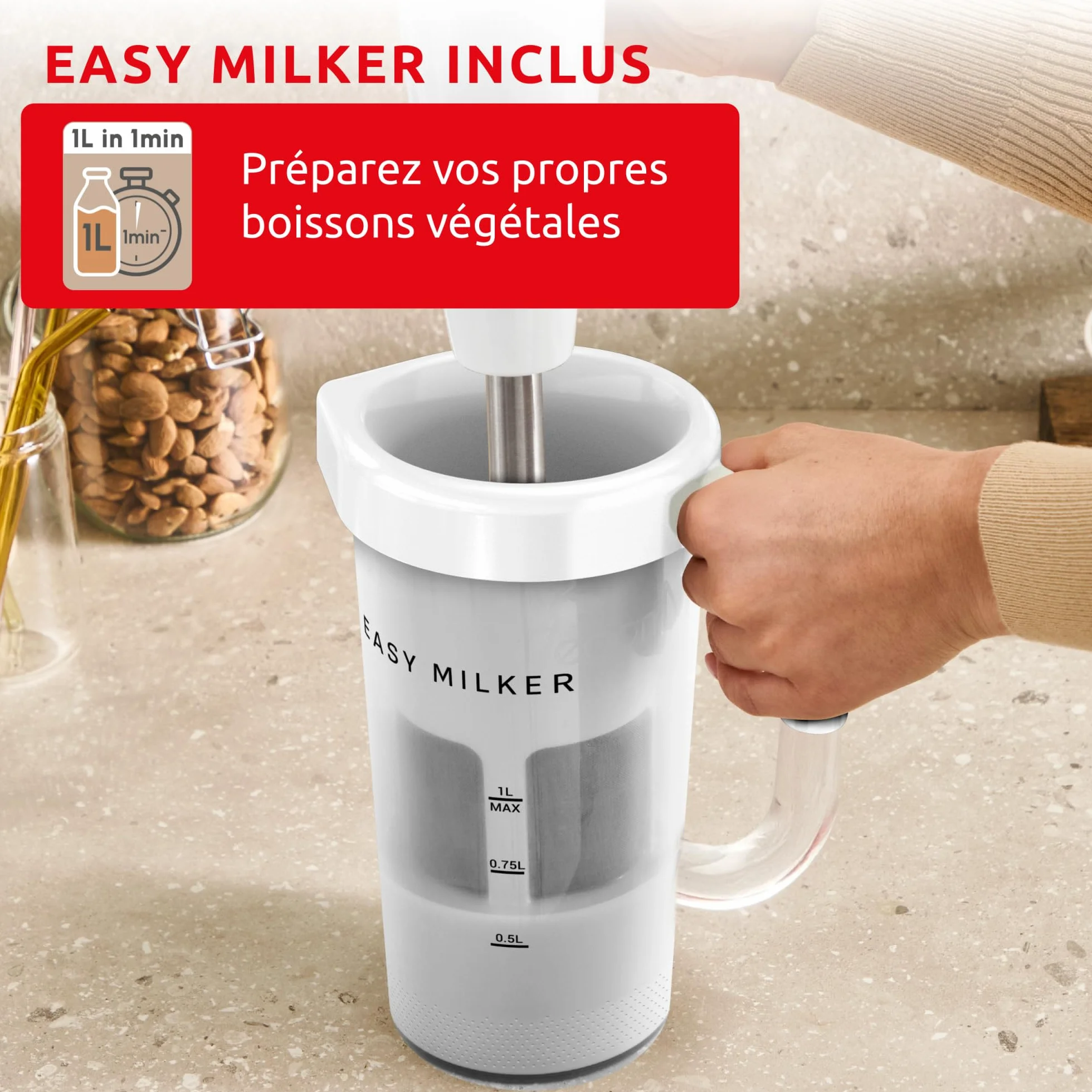 Moulinex Easy Milker & Easychef, Préparateur de lait végétal avec pied mixeur, Lames Zelkrom, 2 vitesses
