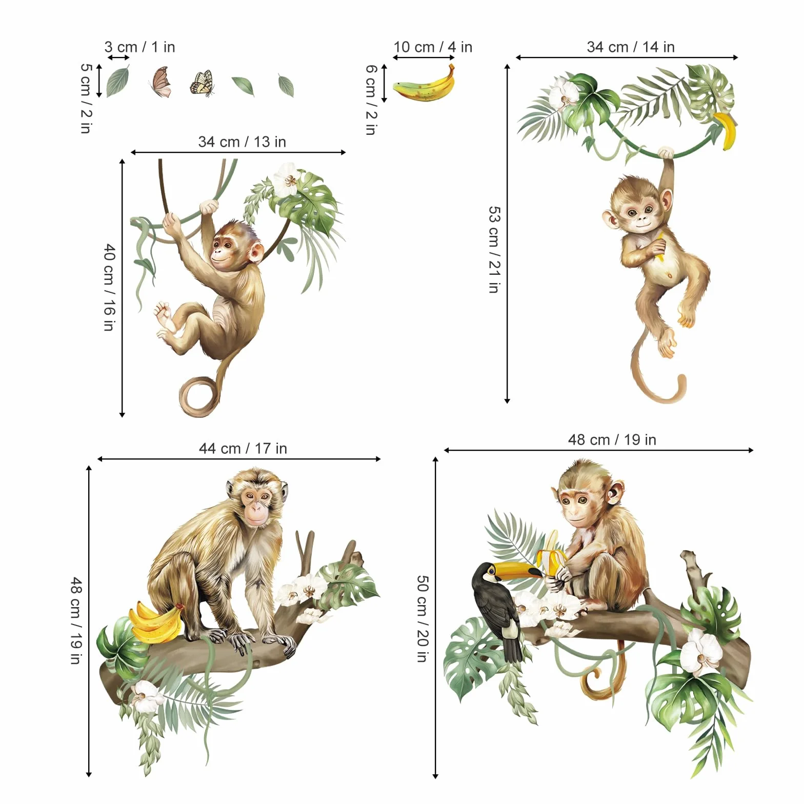 Decalmile Autocollant Mural Animaux Sauvages Singe Jungle Arbre Branche Décoration Murale Chambre Enfants