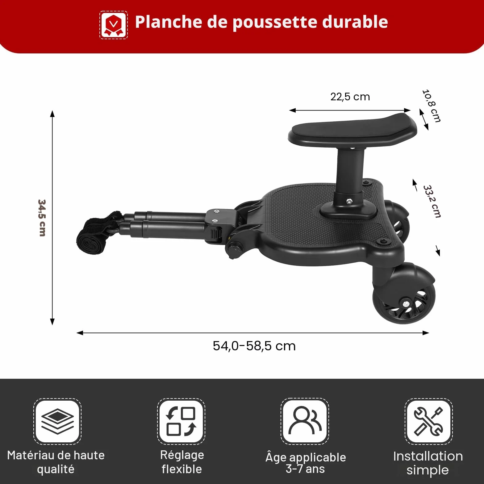 Planche Poussette Universelle avec Siège Amovible, Charge 25kg, Noir