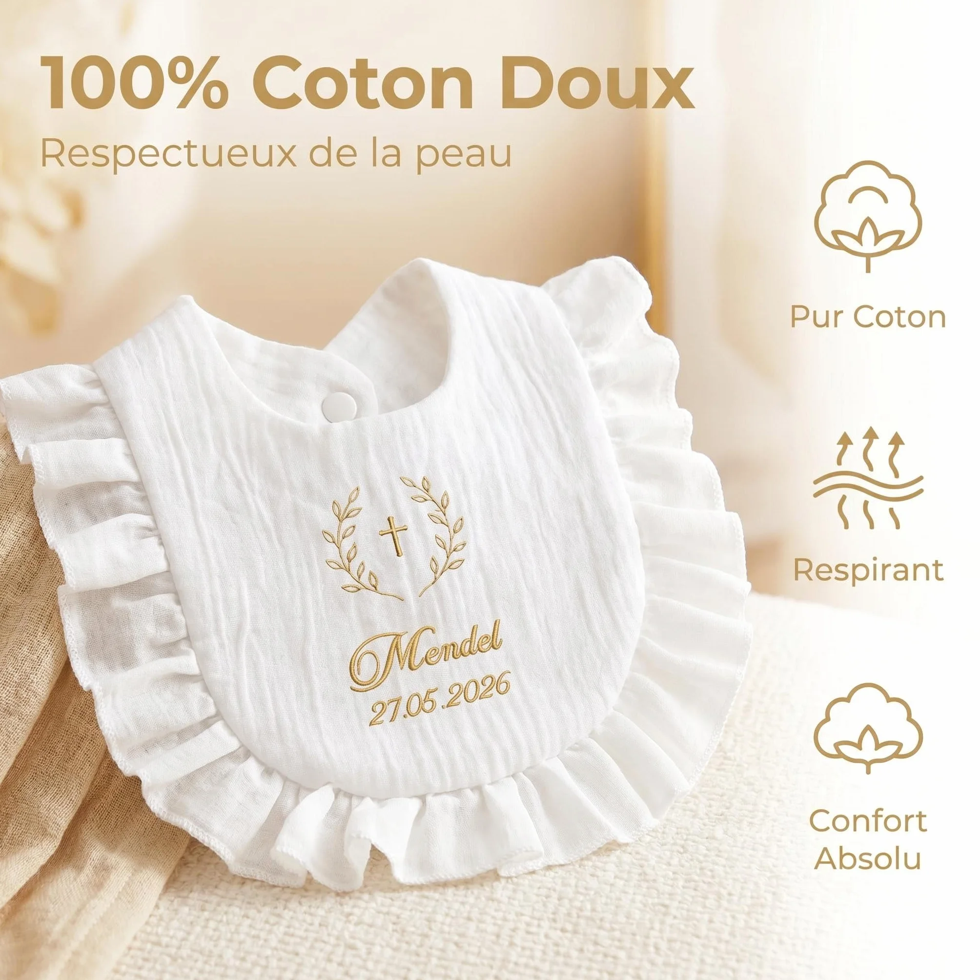 Bavoir Baptême Personnalisé Bébé 100% Coton Doux Broderie Prénom Date Cadeau Coffret