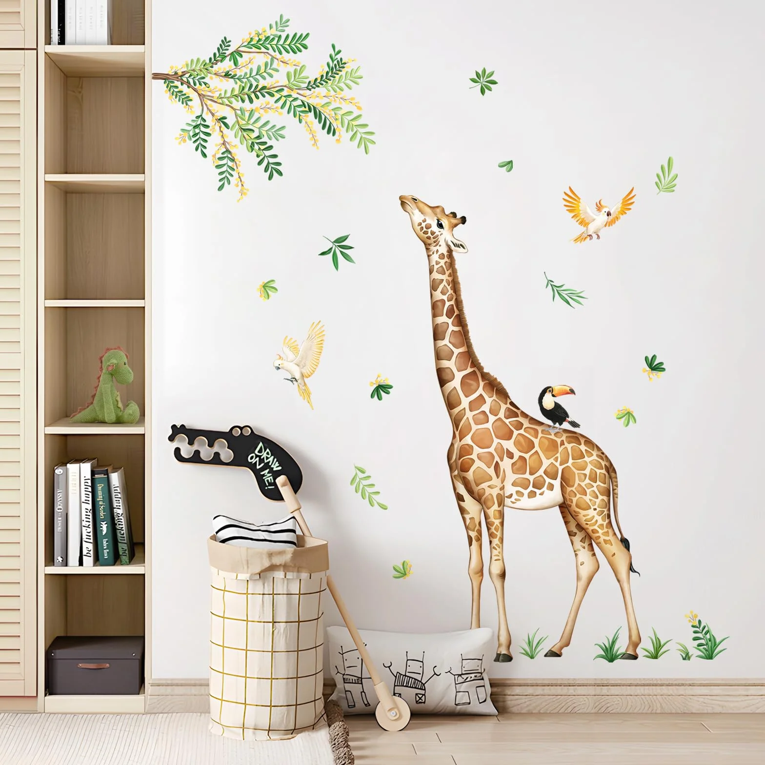 Girafe Stickers Muraux Animaux Jungle Décoration Murale Safari Feuilles Vertes Chambre Bébé Enfant