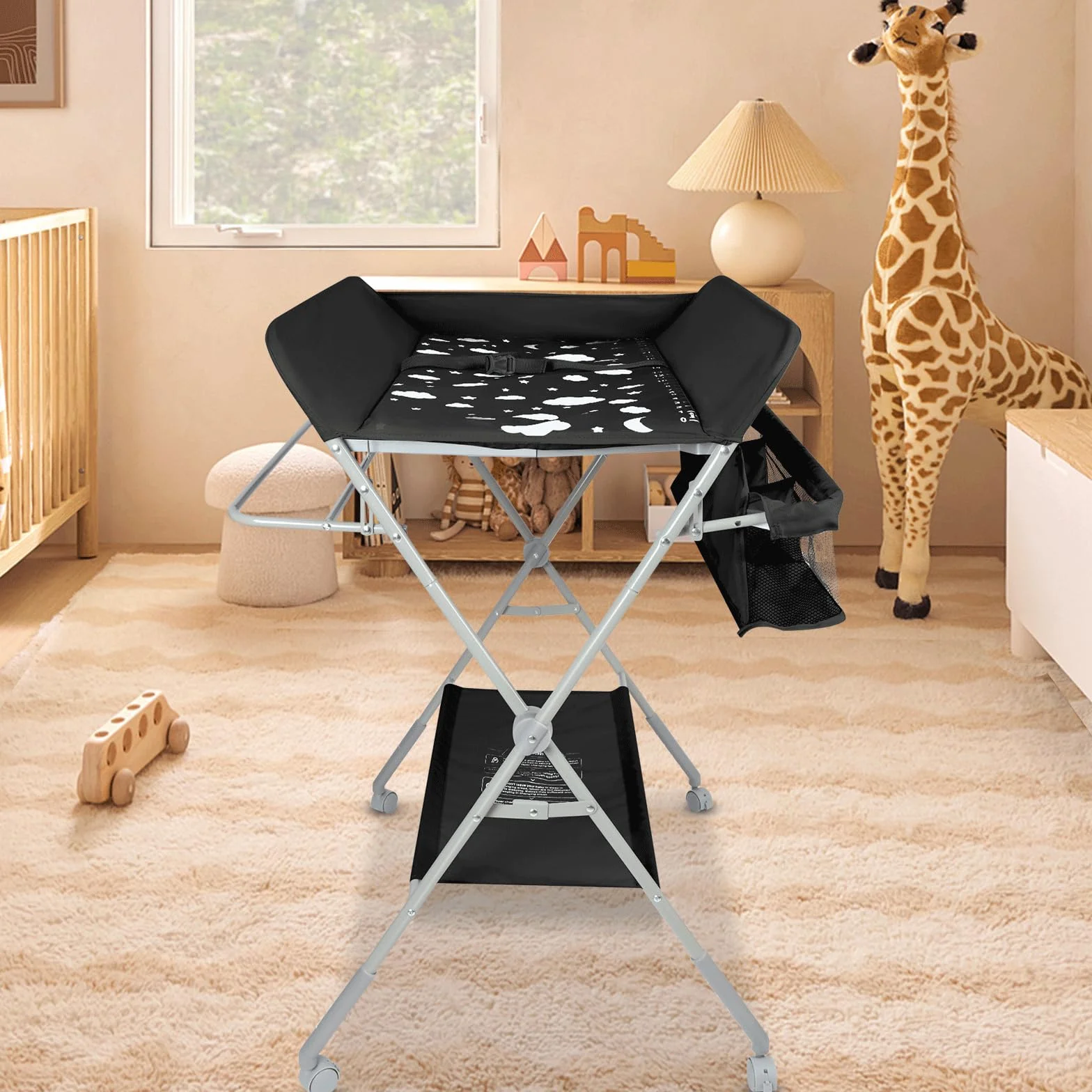 Table à langer pliable avec matelas, roulettes et harnais de sécurité, réglable en hauteur