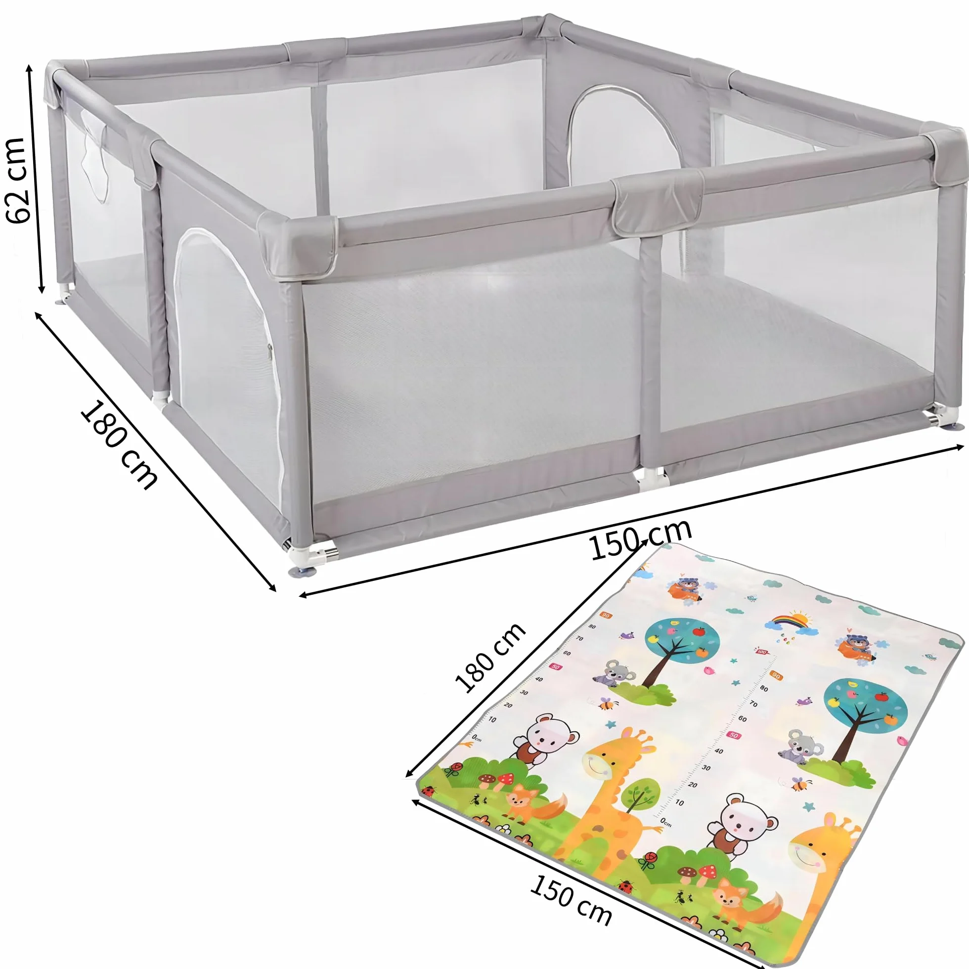 Parc Bebe Modulable 180 x 150 x 66 cm Tissu Oxford avec Barrières et Tapis de Jeux Gris clair