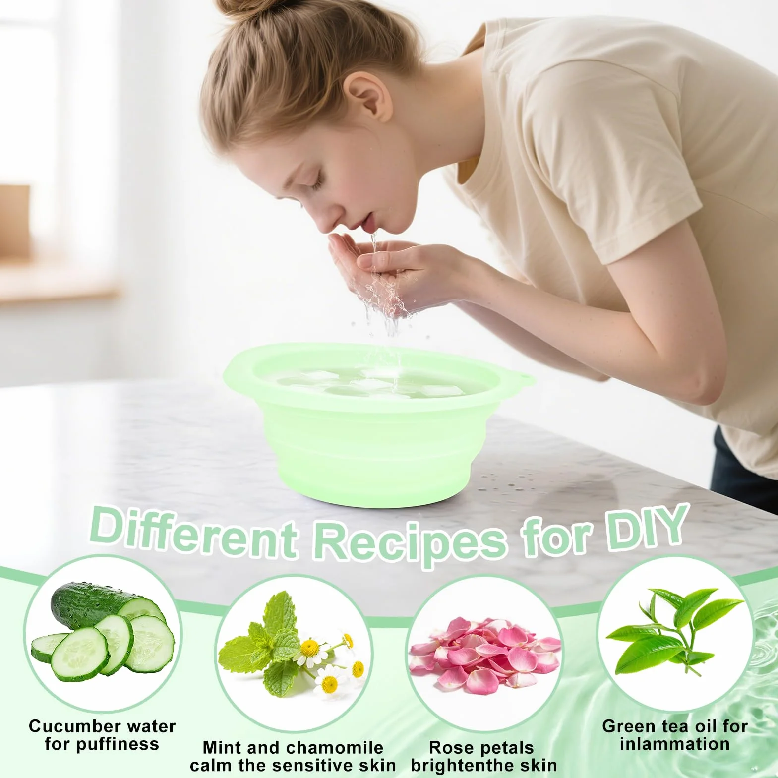 Bol à glace en silicone pliable pour le visage avec plateau à glaçons intégré, lavabo à refroidissement rapide