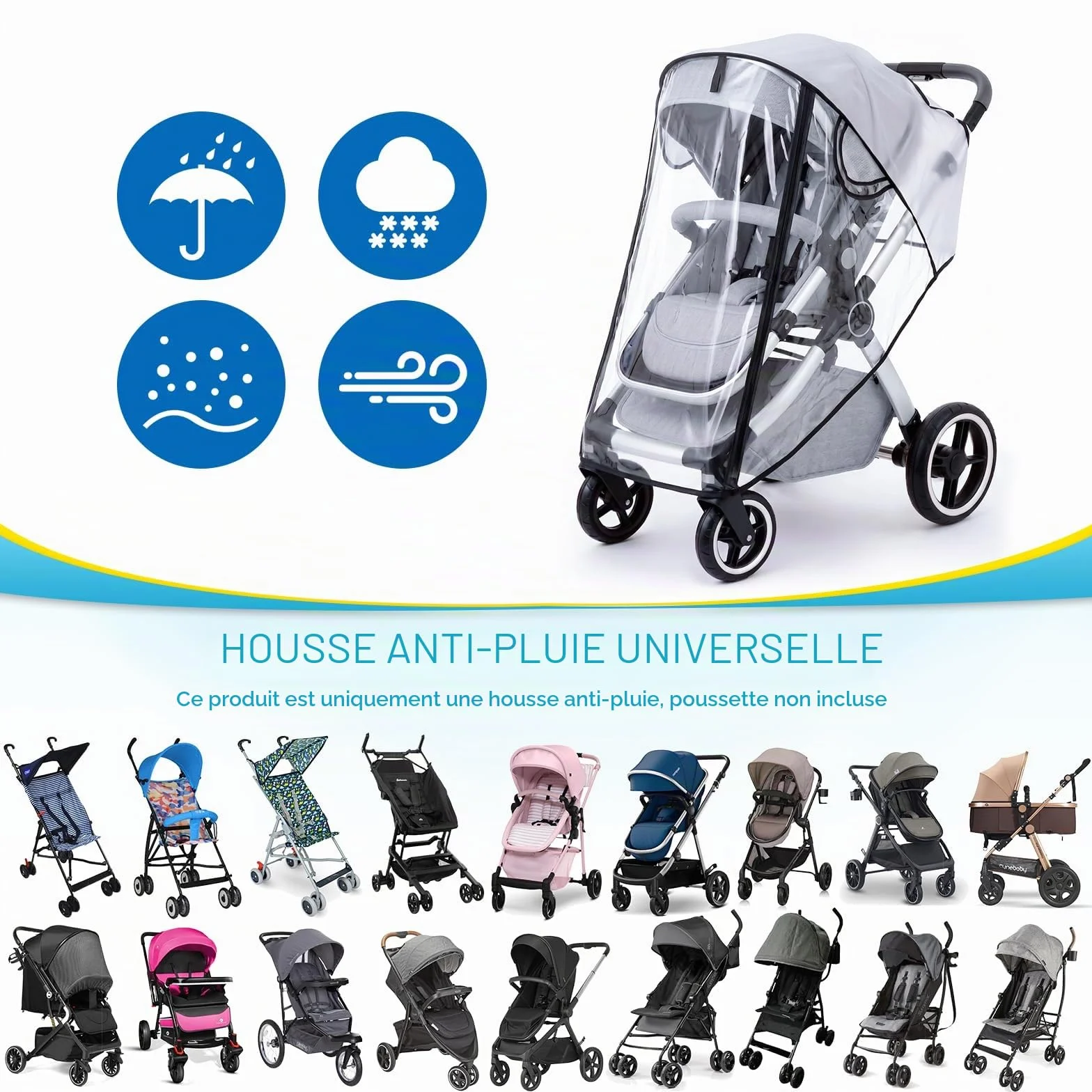 Habillage Pluie Universelle pour Poussette, Protection Pluie Transparente EVA avec Porte Enroulable