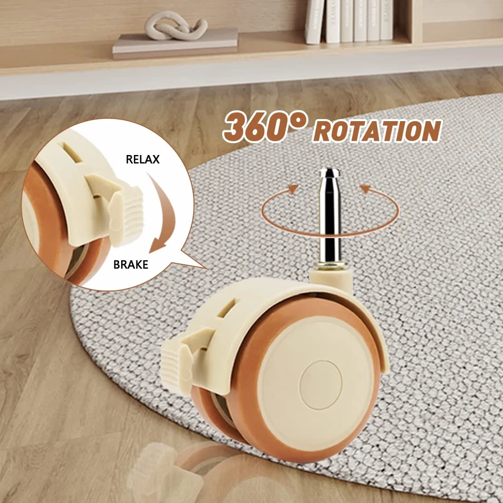 Lot de 4 Roulettes Pivotantes pour Meubles avec Frein 50 mm, Silencieuses en Caoutchouc