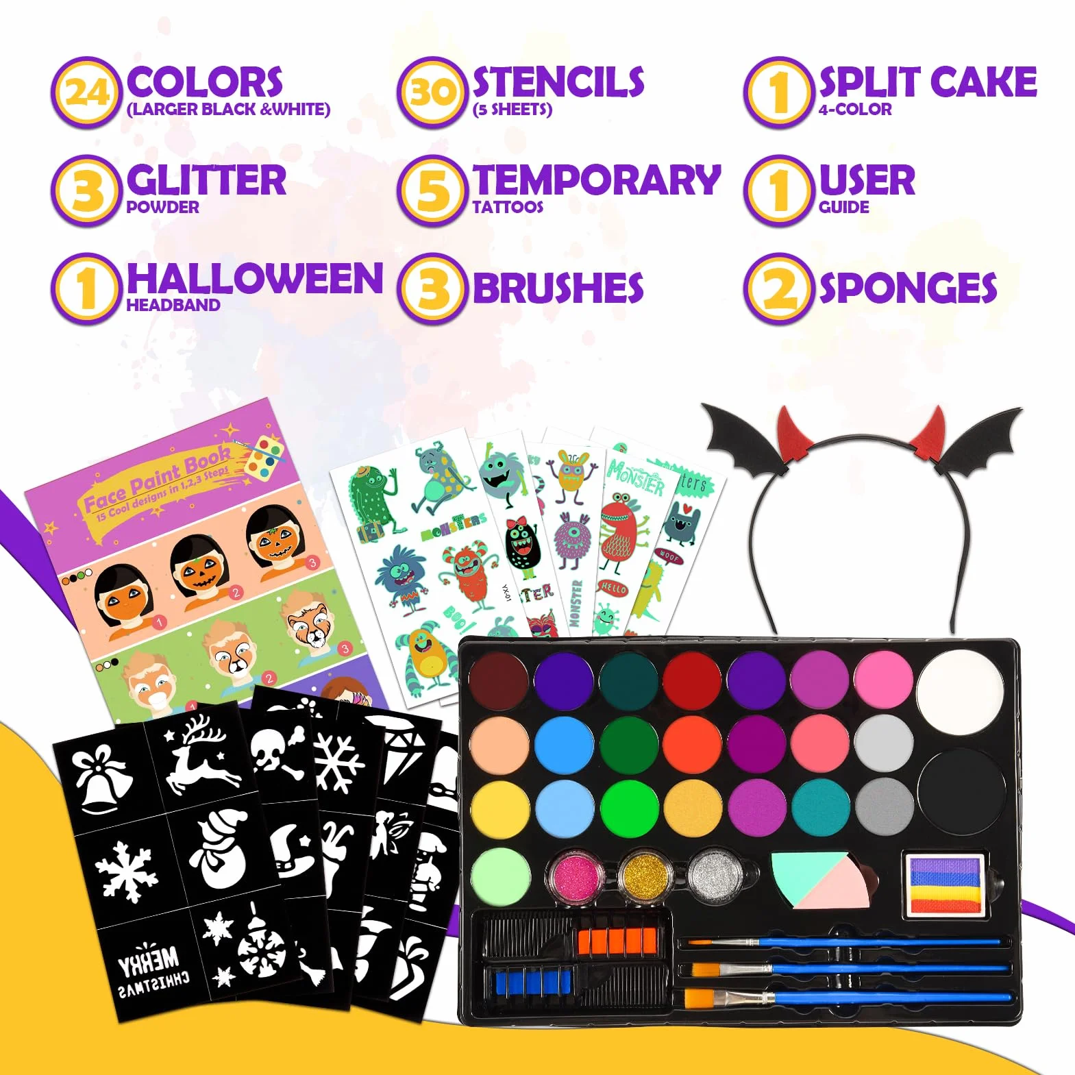 Peinture Visage Enfant 28 Couleurs Palette Maquillage Carnaval avec 3 Pinceaux 30 Pochoirs
