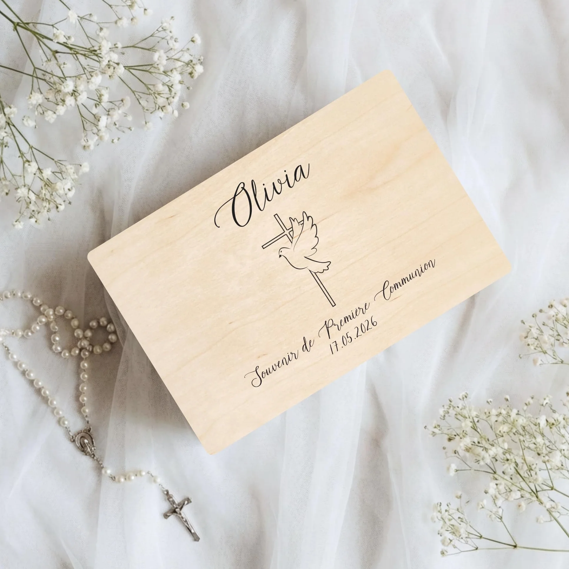 Boîte à Souvenirs Personnalisée Première Communion - Cadeau Fille Garçon avec Croix Colombe