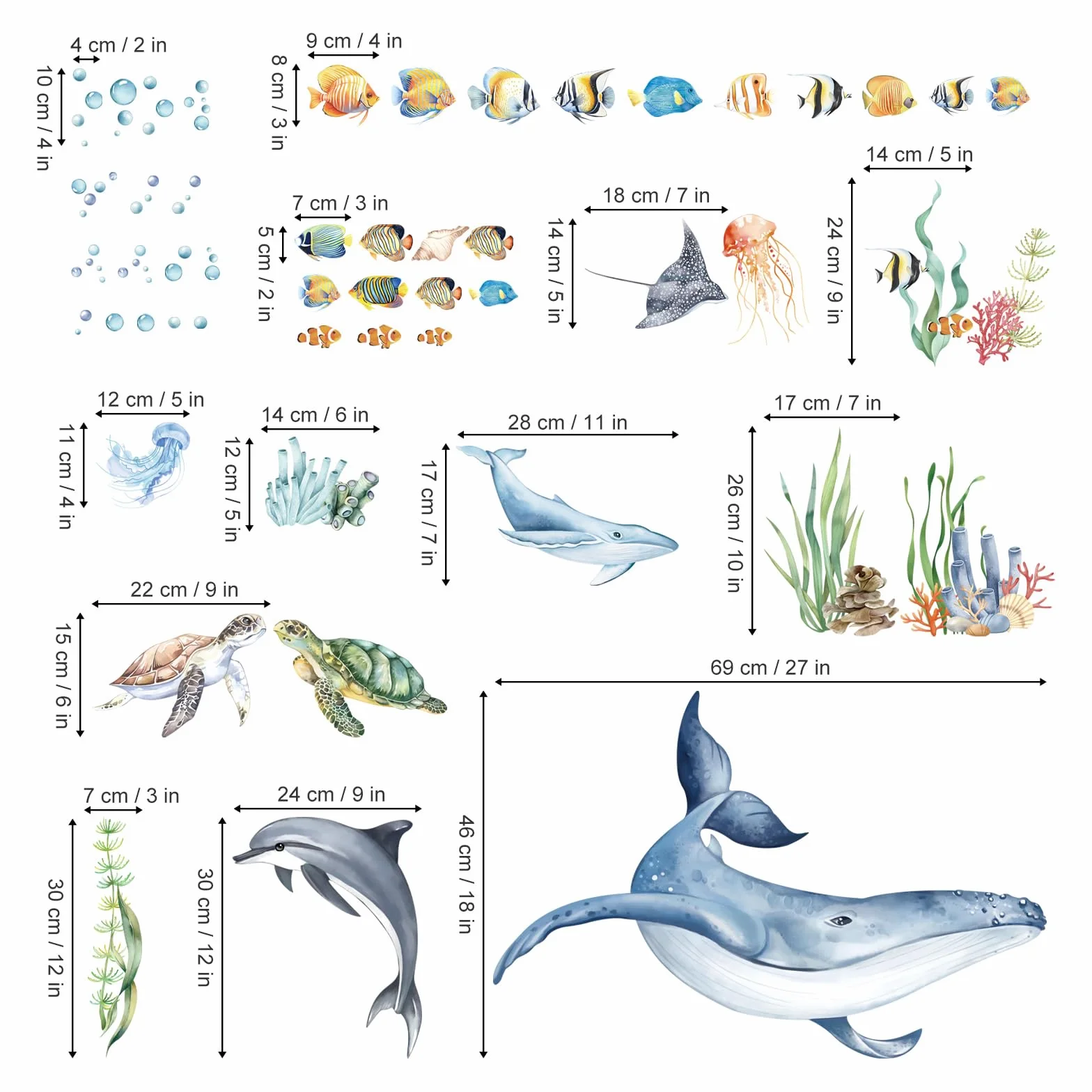 Decalmile Stickers Muraux Sous la Mer Poisson Autocollant Mural Océan Baleines Dauphin Décoration Murale Bébé