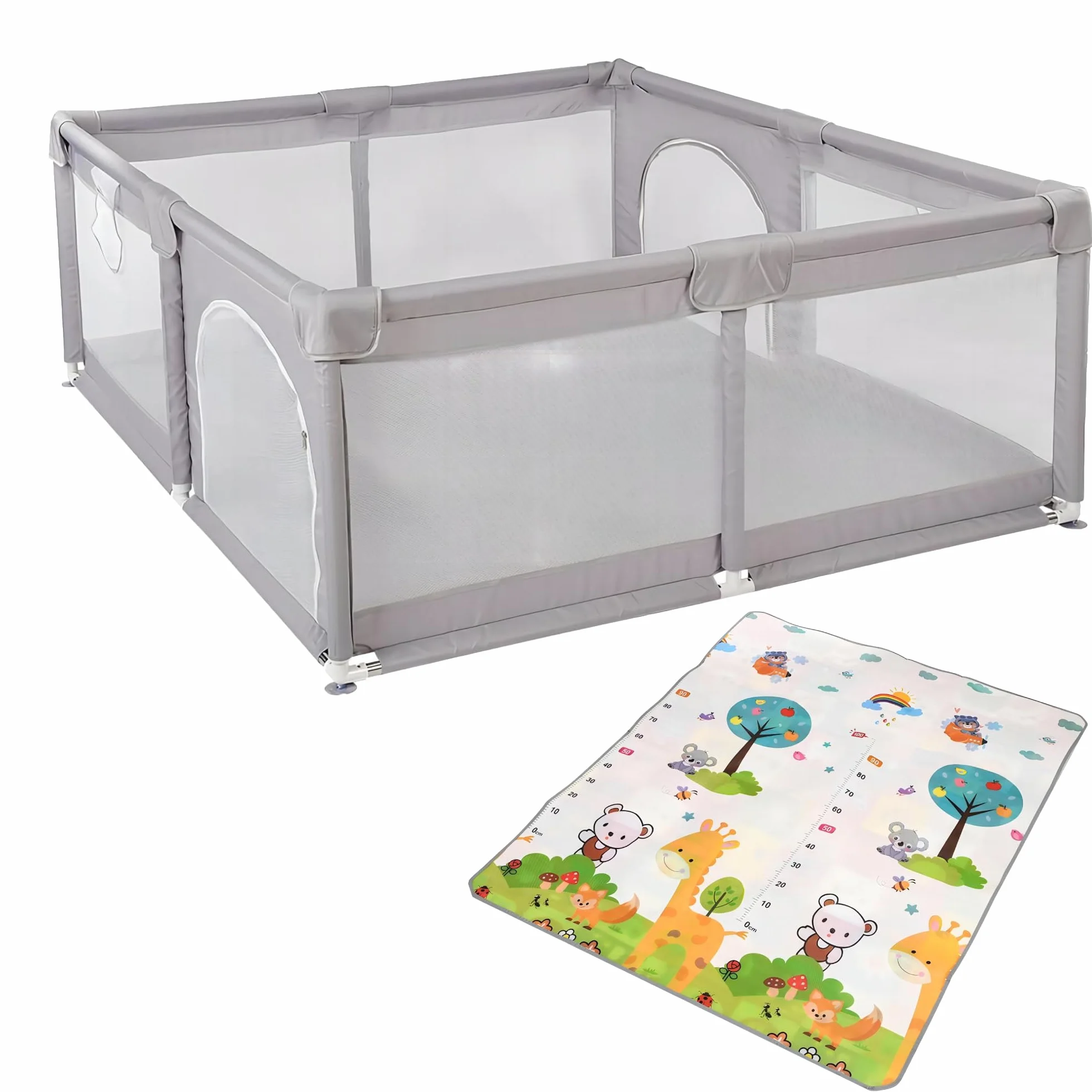Parc Bebe Modulable 180 x 150 x 66 cm Tissu Oxford avec Barrières et Tapis de Jeux Gris clair