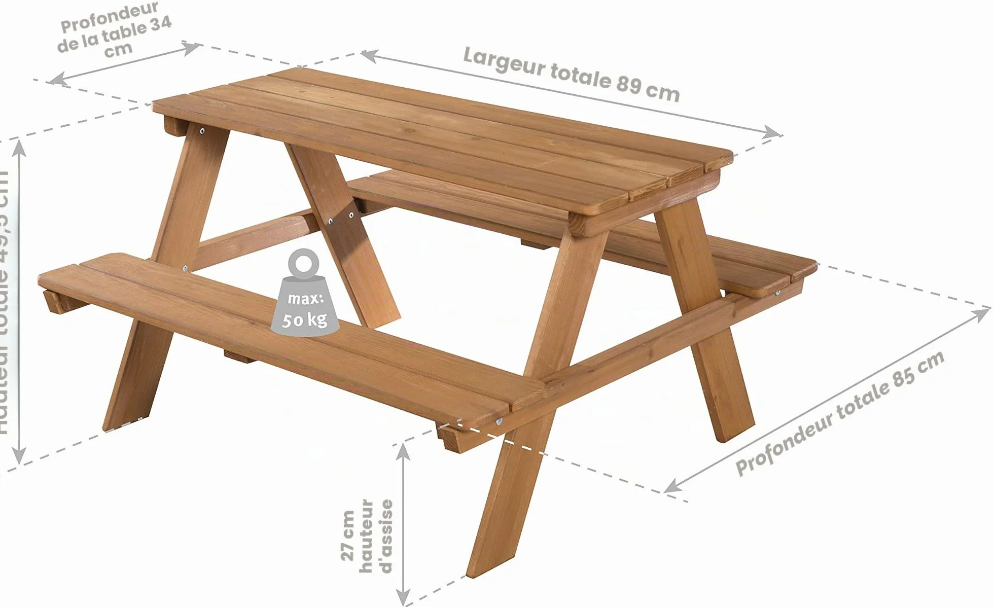 Ensemble de Table et Bancs Picnic Bois Massif Résistant aux Intempéries 4 Places 89 x 85 cm 100 Kg Teinté Teck