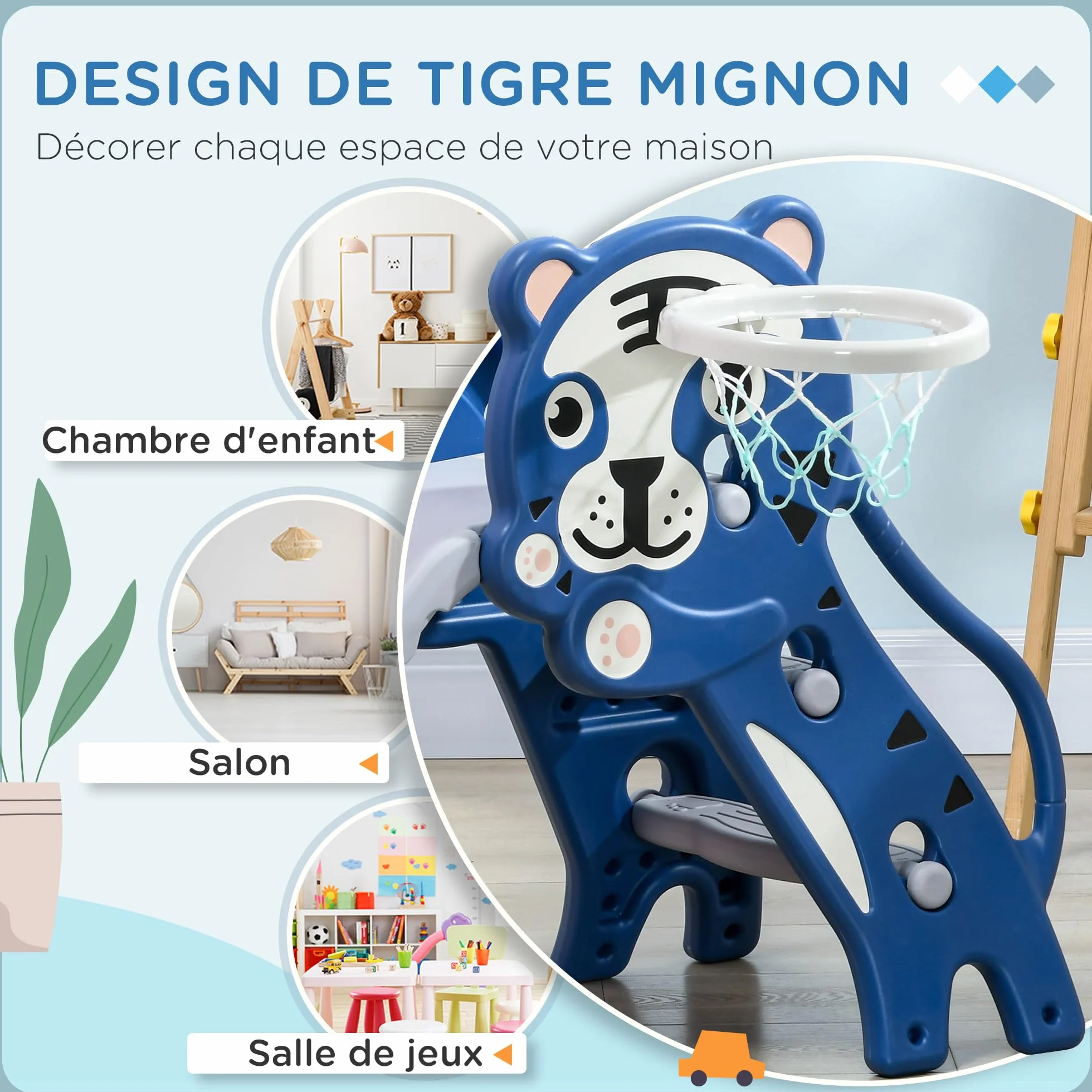 AIYAPLAY Toboggan pour Enfants avec Panier de Basket, Thème Tigre, 133x60x70 cm, Bleu