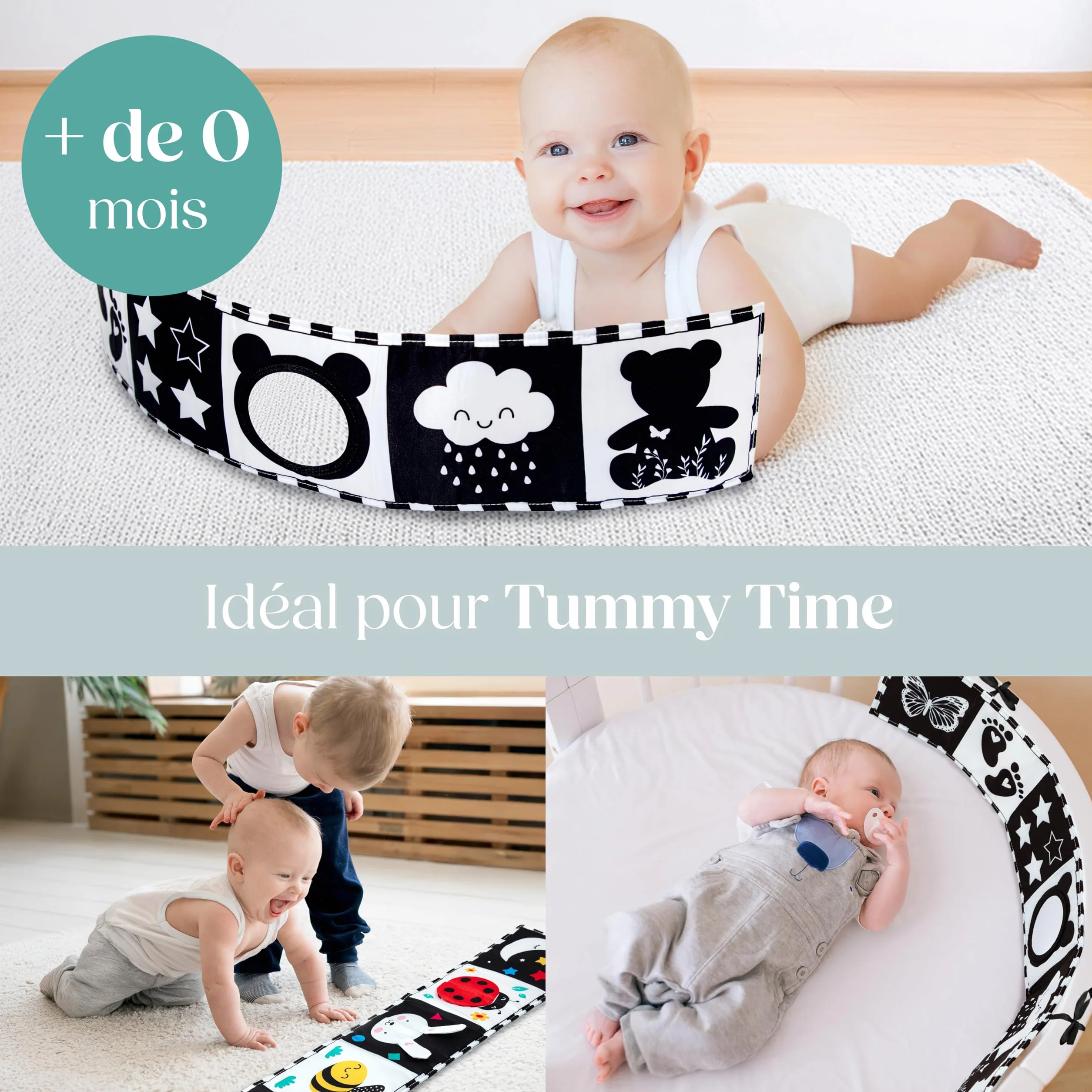 Livre Tissu Bébé Éveil 0-12 Mois Montessori Noir et Blanc Sensoriel Cadeau