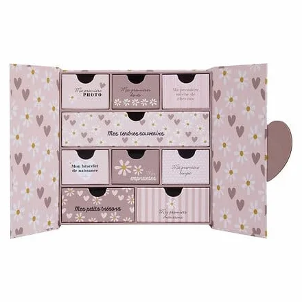 Coffret de naissance souvenirs cœurs 9 tiroirs Rose