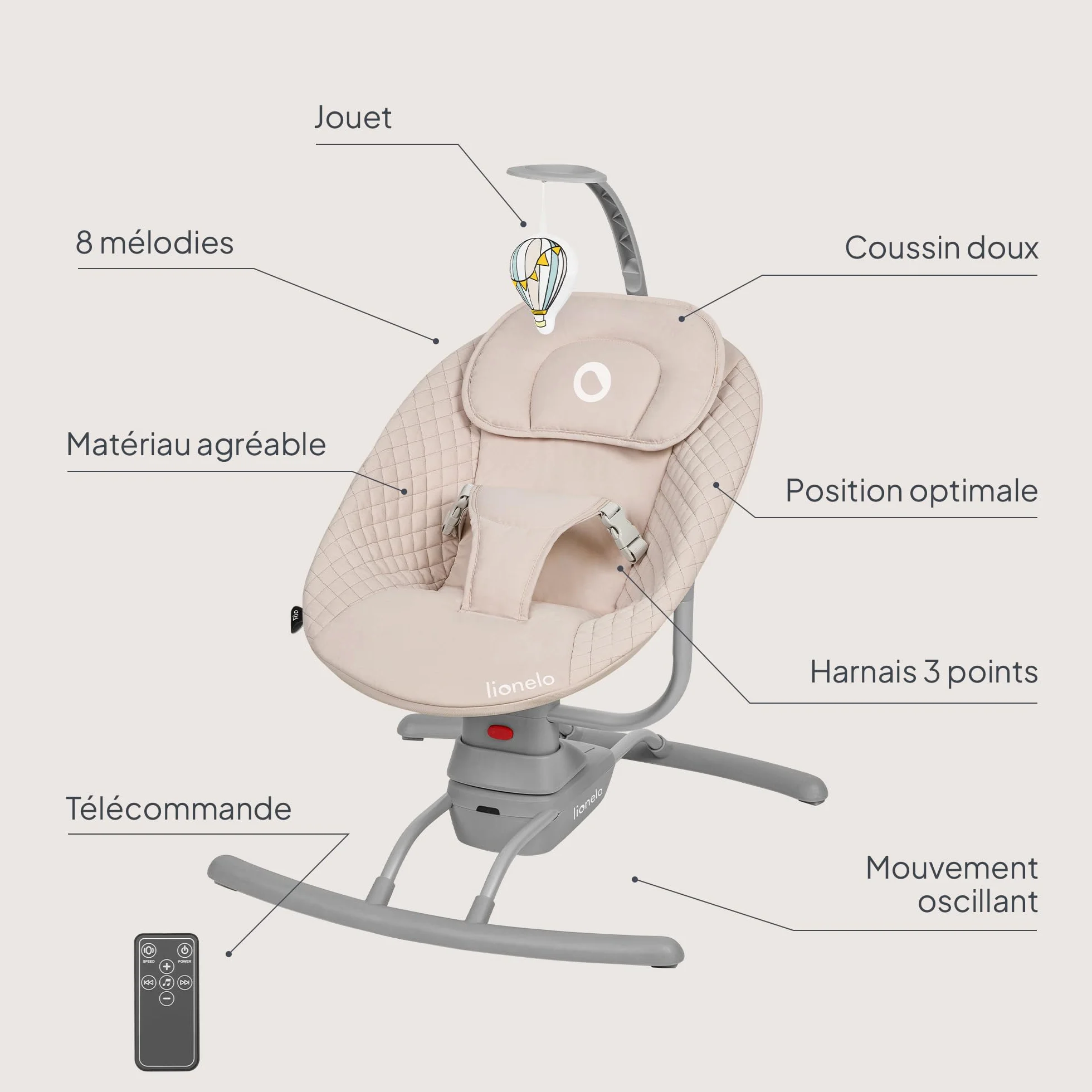 LIONELO RIO Transat Balancelle Électrique Bébés 9 kg Dossier Réglable 3 Vitesses Balancement