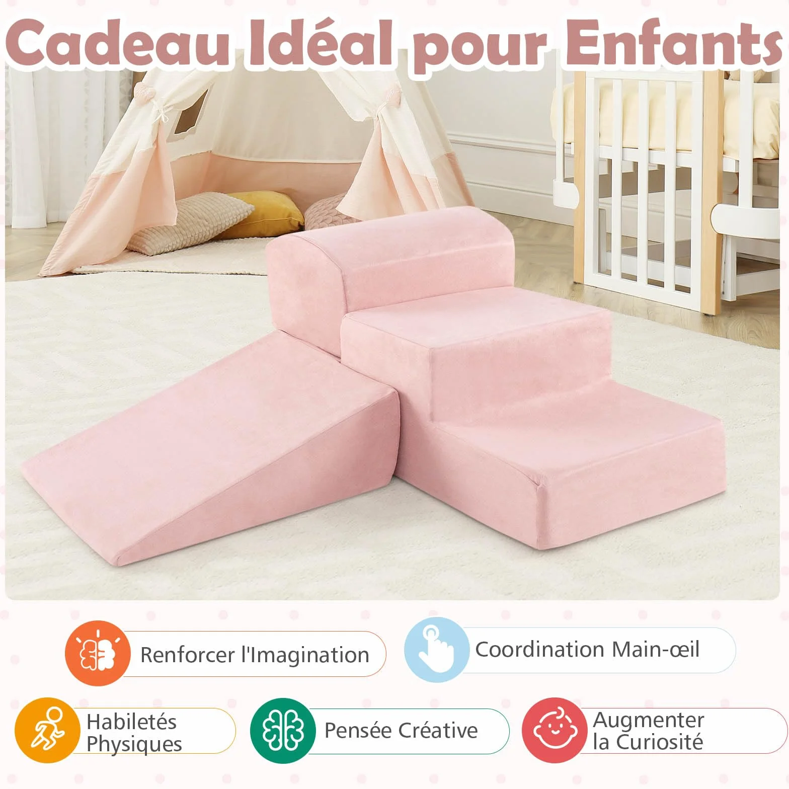 DREAMADE Parcours de motricité Bébé 5PCS avec Housse Lavable, Blocs de Construction avec Piscine à Balles, pour Enfant 3+ Ans (Rose)