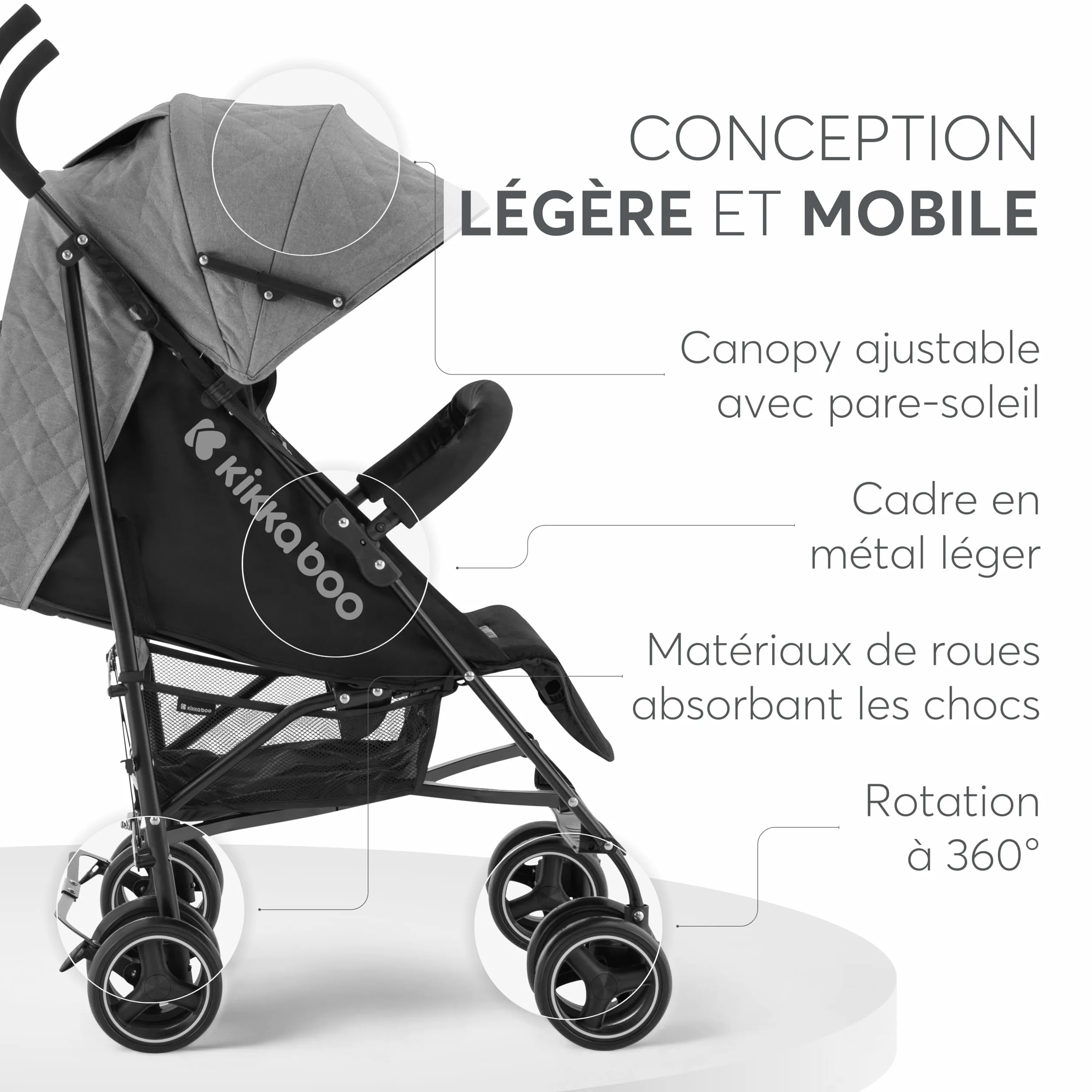 Poussette KikkaBoo BEETLE pliable compacte gris jusqu'à 22 kg