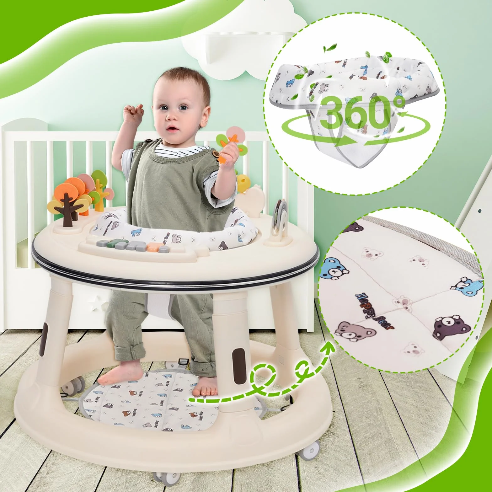 Trotteur Bébé Réglable en Hauteur avec Siège Pivotant 360°, Babywalker Roues Silencieuses, Plateau Activités Musical Amovible, Anti-renversement 9-18 Mois