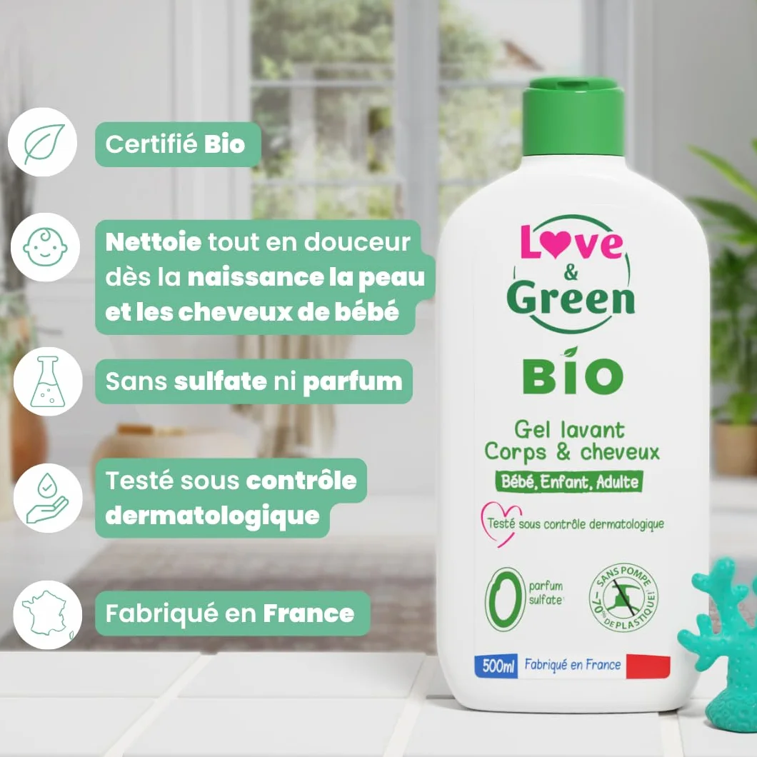 Love & Green Gel Lavant Corps/Cheveux Bio 500 ml Fabriqué en France