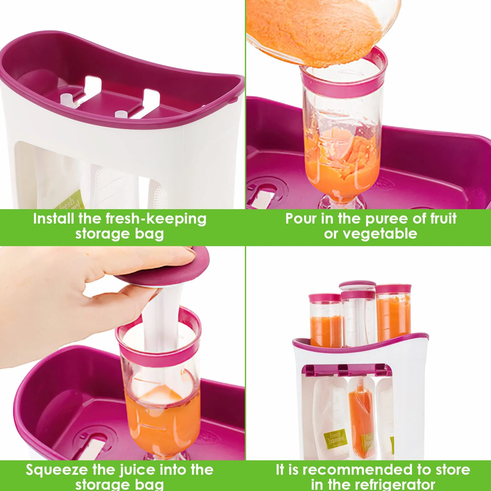 Machine à Aliments pour Bébé avec Sacs Compressibles Sans BPA, Station de Compression pour Smoothie Jus de Fruits
