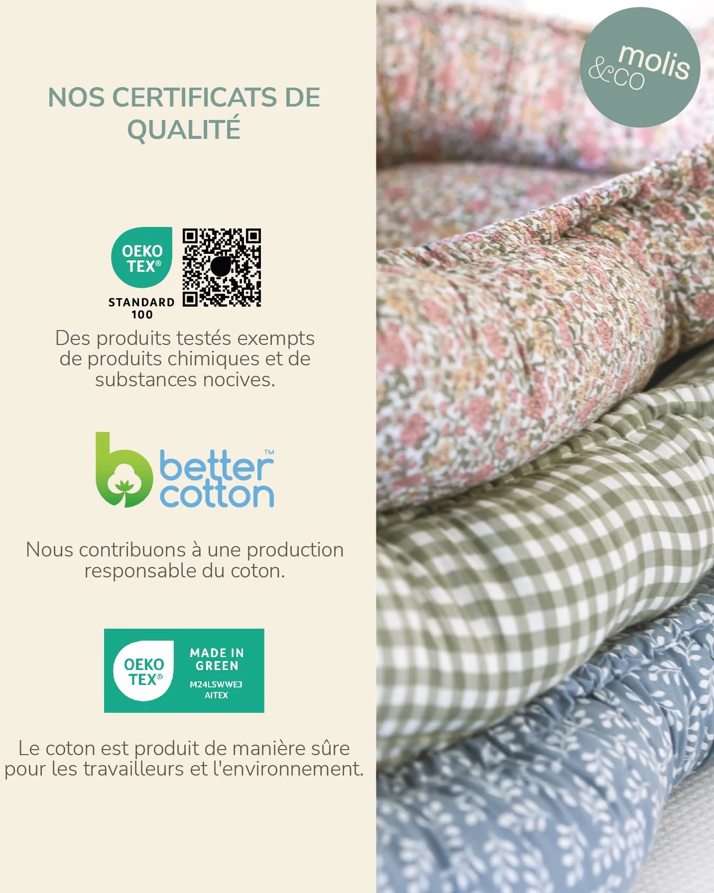 Molis&co. Nid bébé 90 x 50 cm Réducteur de Berceau Co-Sleeping Coton Oeko-TEX 100 Mint Tea