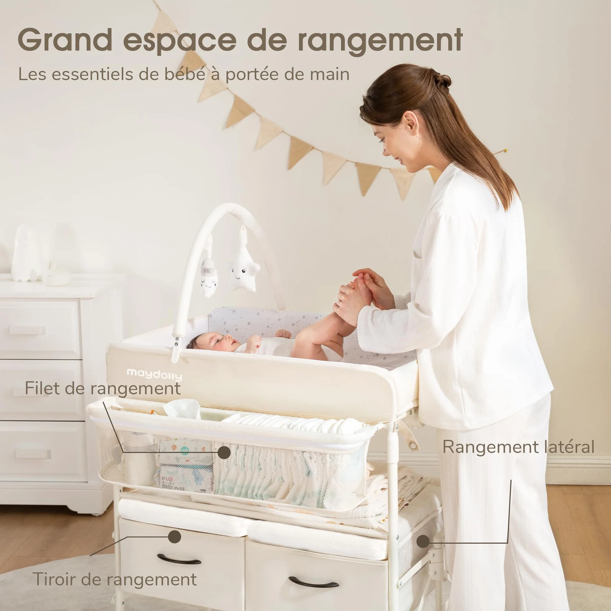 Maydolly Table à Langer Bébé Pliante Roulettes Hauteur Réglable Plan Mobile Matelas Imperméable Rangement Beige