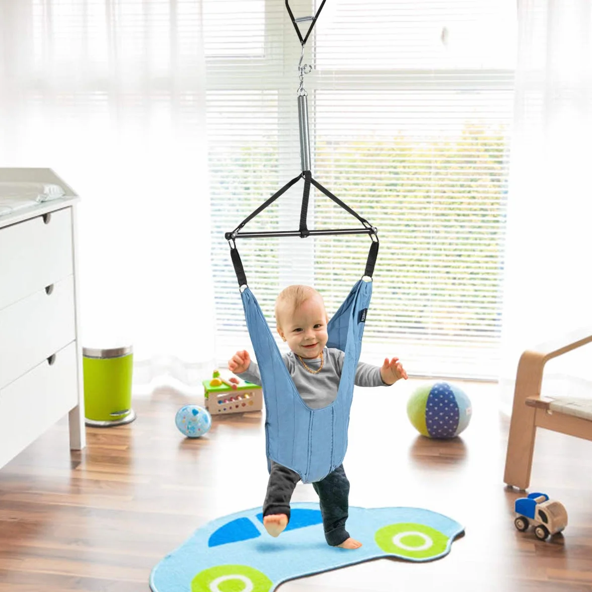 COSTWAY Siège Sauteur Suspendu Bébés 6-12 Mois Chaîne Réglable 29-93CM Tissu TC Tube Fer Charge Max. 12KG Bleu