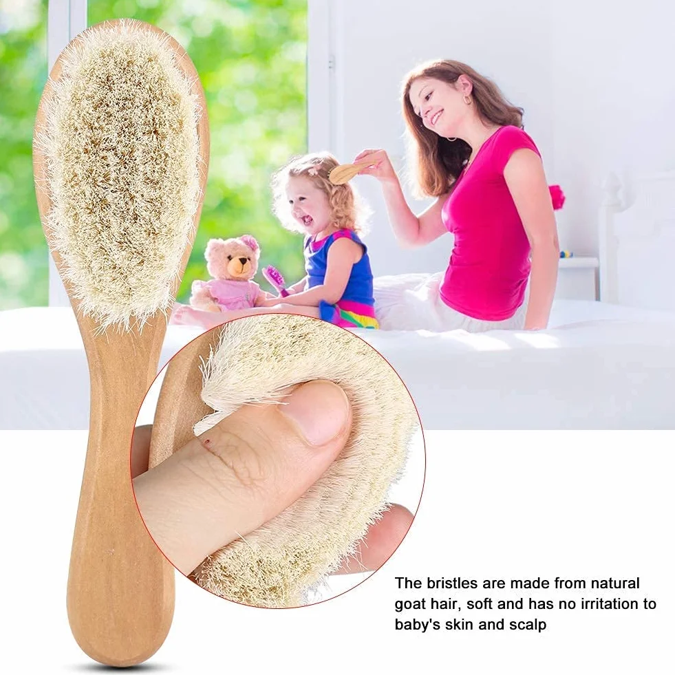 Peigne en cheveux de chèvre doux massage tête bébé manche bois
