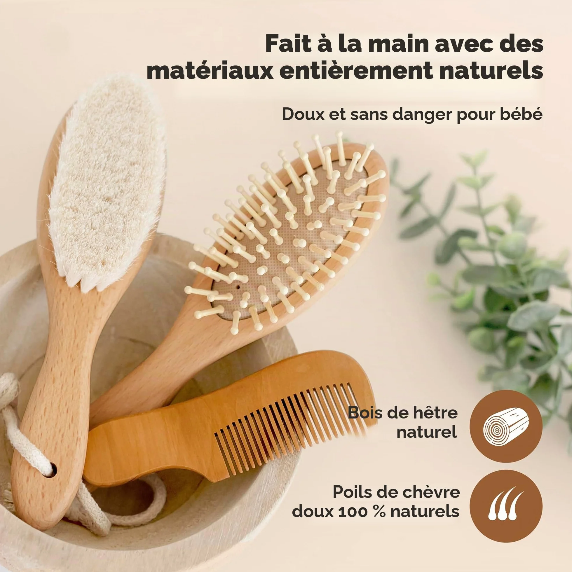 Brosse à Cheveux Bébé Nouveau-né en Bois Naturel avec Poils de Chèvre Doux