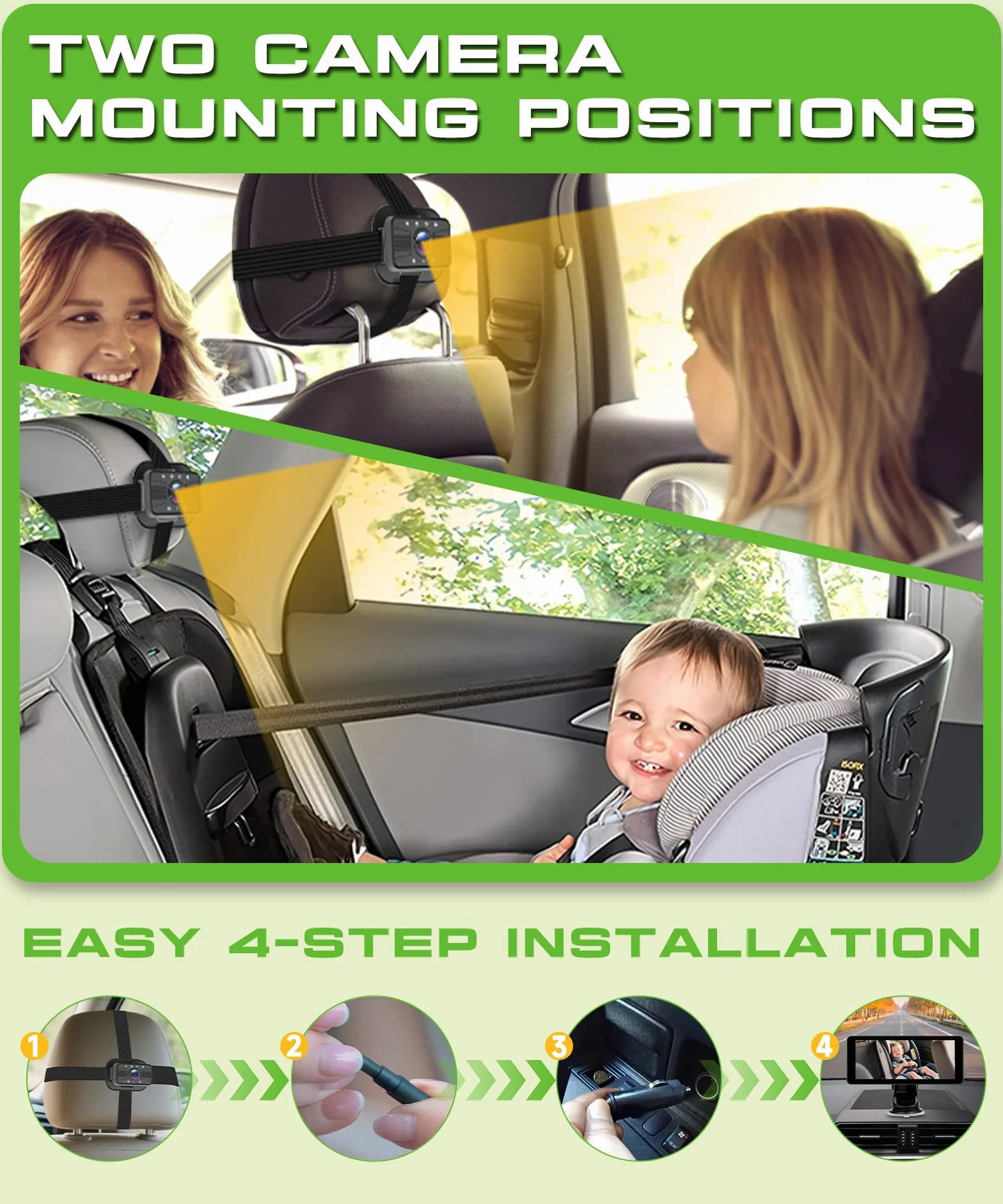VECHTEL Camera Voiture bébé 2 enfants écran partagé 6,86 pouces HD 720P vision nocturne rotative 360° support ventouse