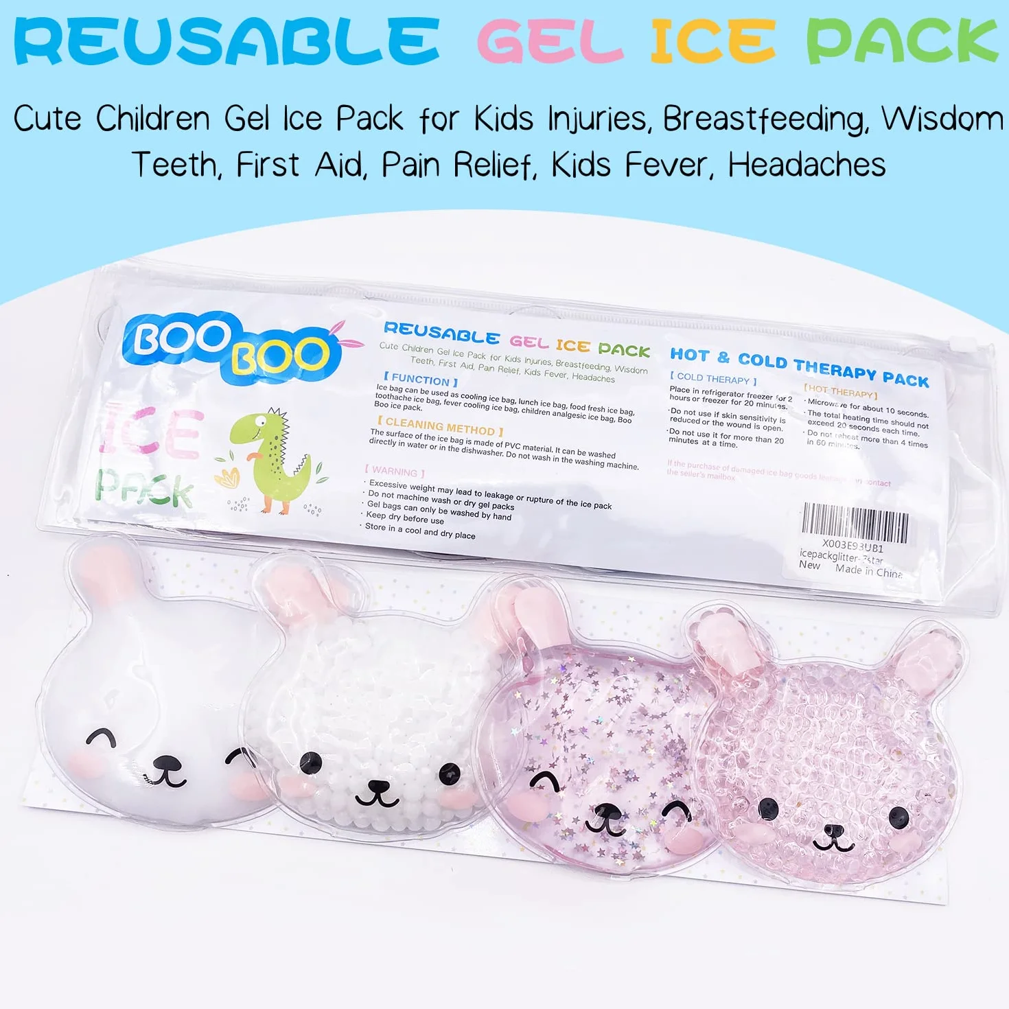 Sacs à glace réutilisables pour enfants, pack de froid pour ecchymoses, premiers soins (4 pièces, 10x9 cm)